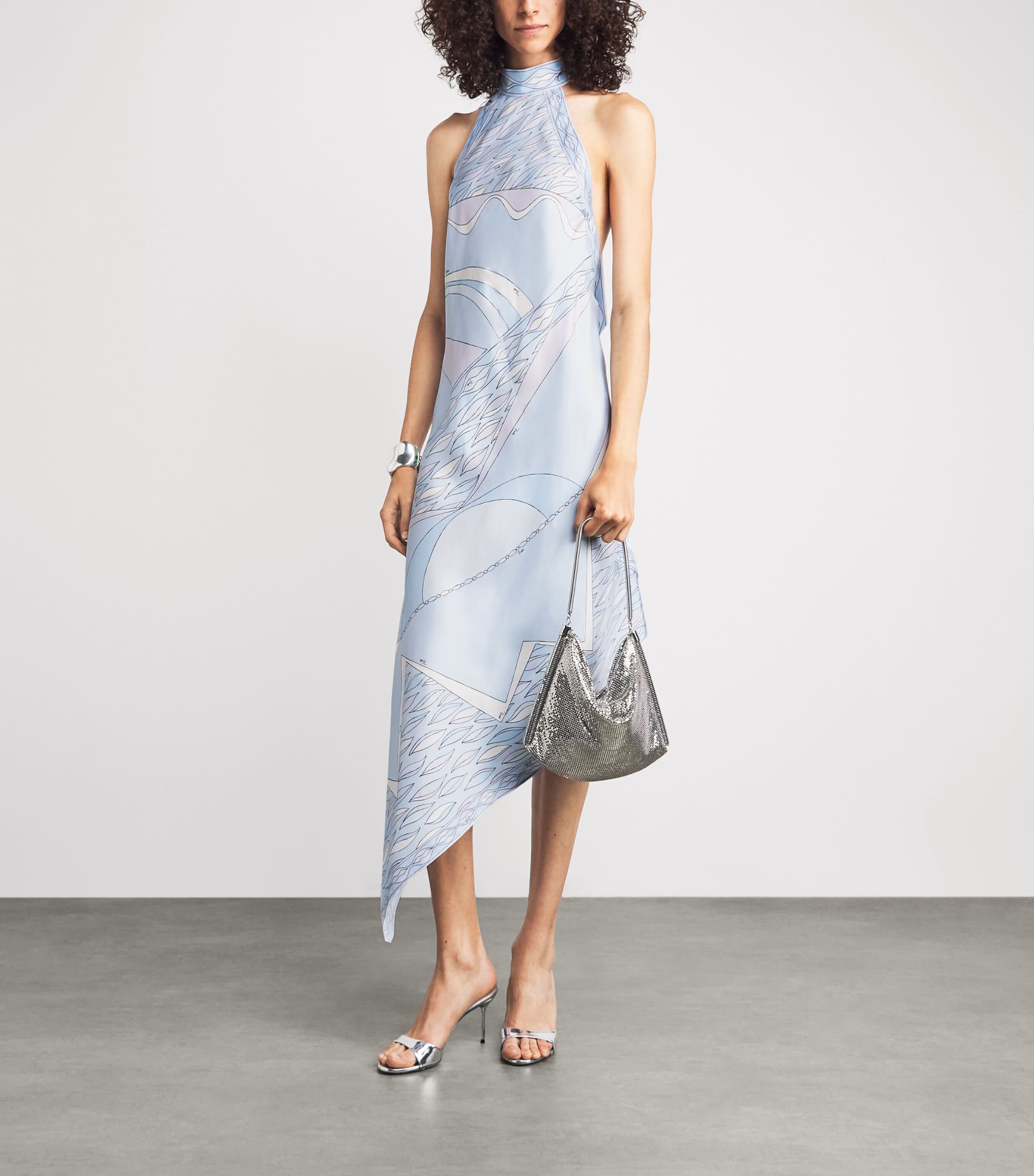 PUCCI Womens Silk Print Asymmetric Hem Midi Dress Light Blue Image 2