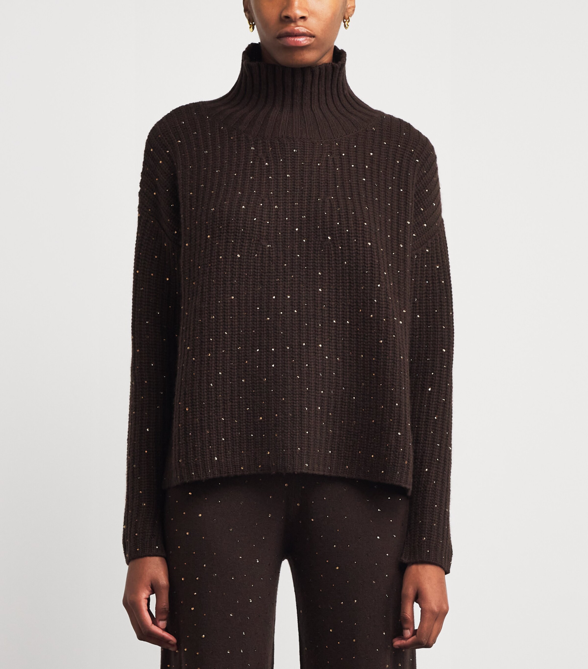 Allude Womens Wool-Cashmere Crystal-Embellished Sweater Chocolate Image 3