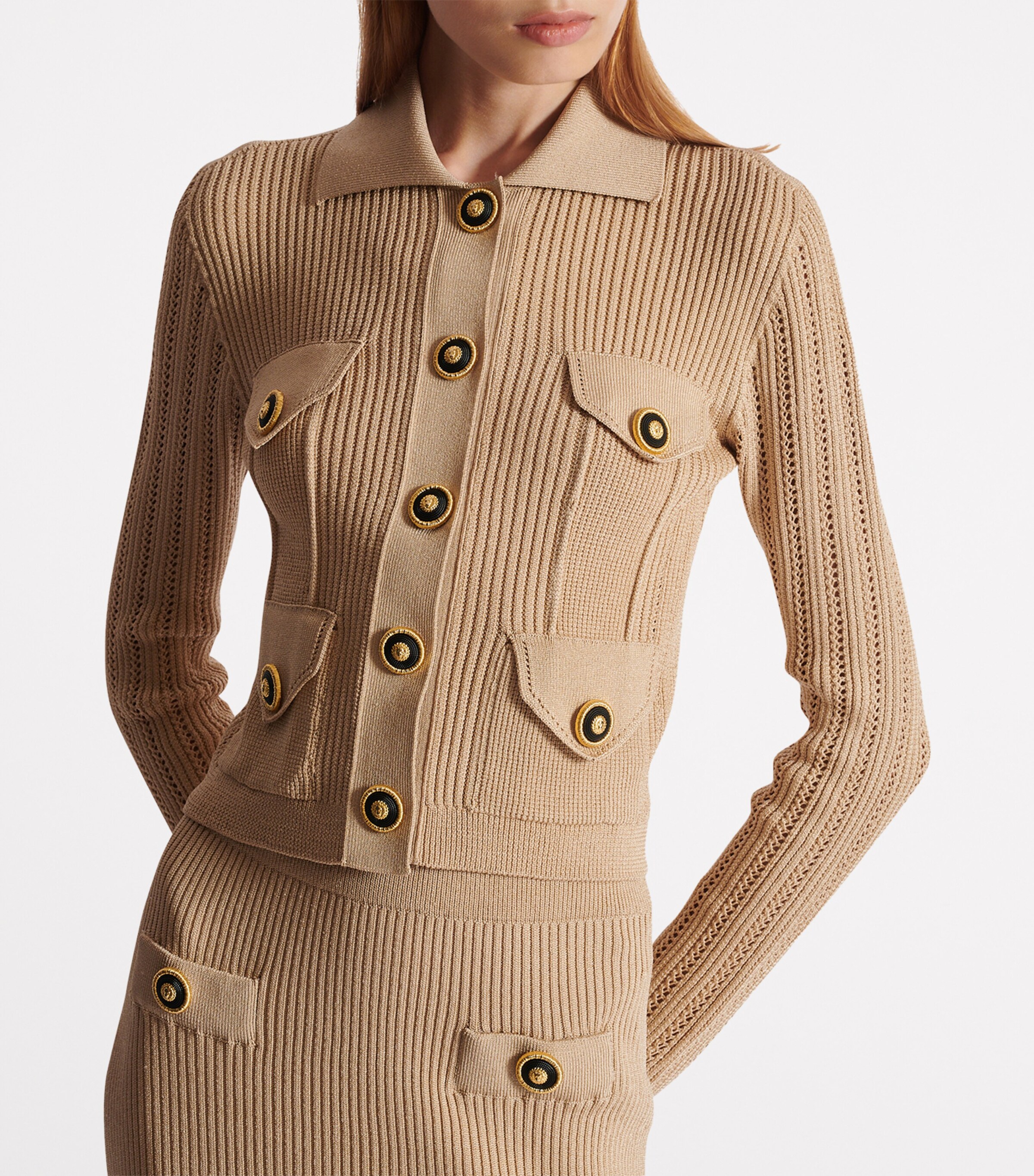 Cropped Rib-Knit Cardigan 0DC NUDE Image 7