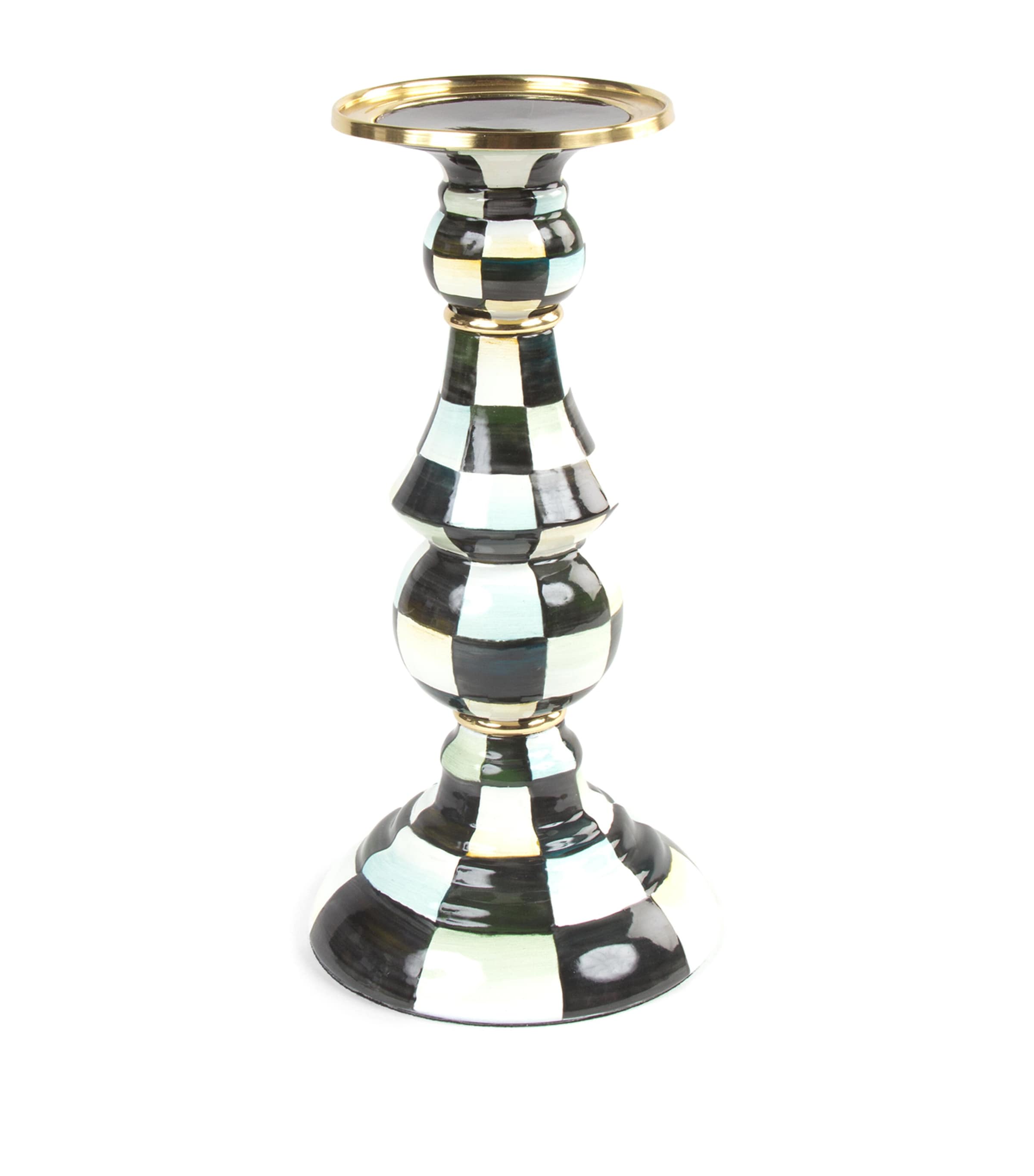 Mackenzie-childs Courtly Check Enamel Pillar Candlestick In Black
