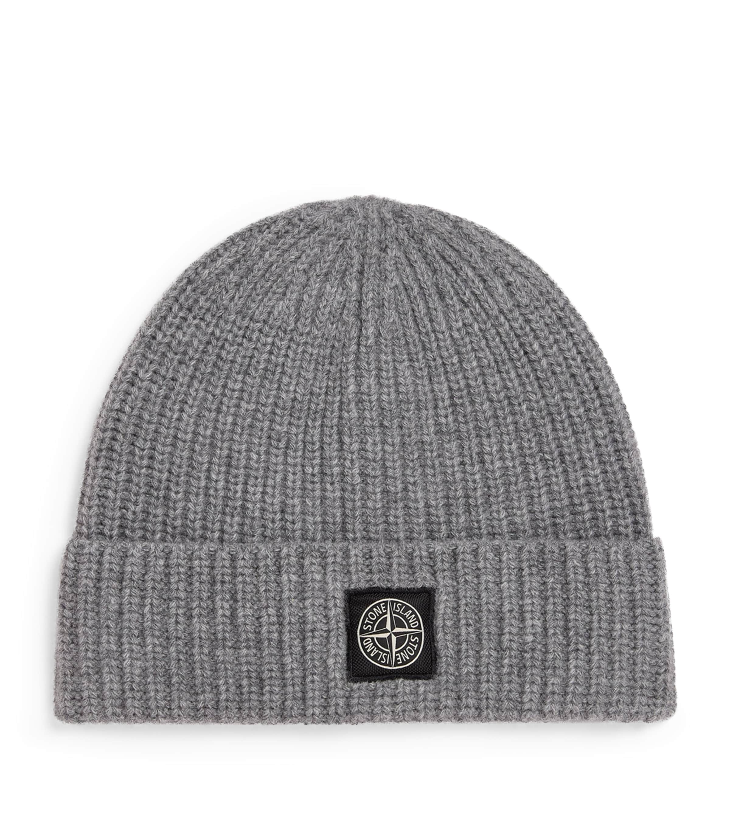 Stone Island Virgin Wool Ribbed Beanie In Gray