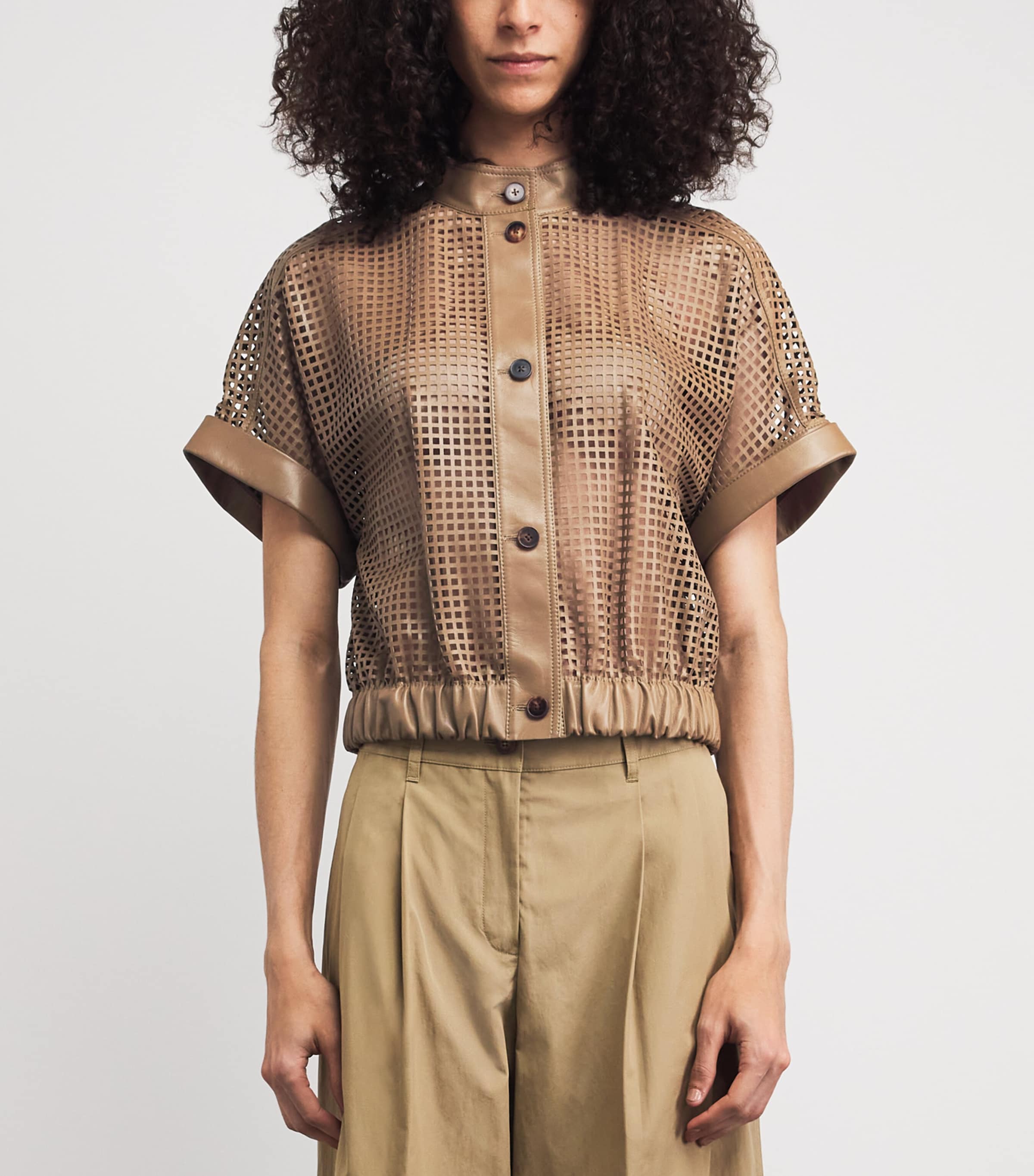 Lafayette 148 Womens Laser-Cut Leather Jacket Gncly Green Clay Image 4