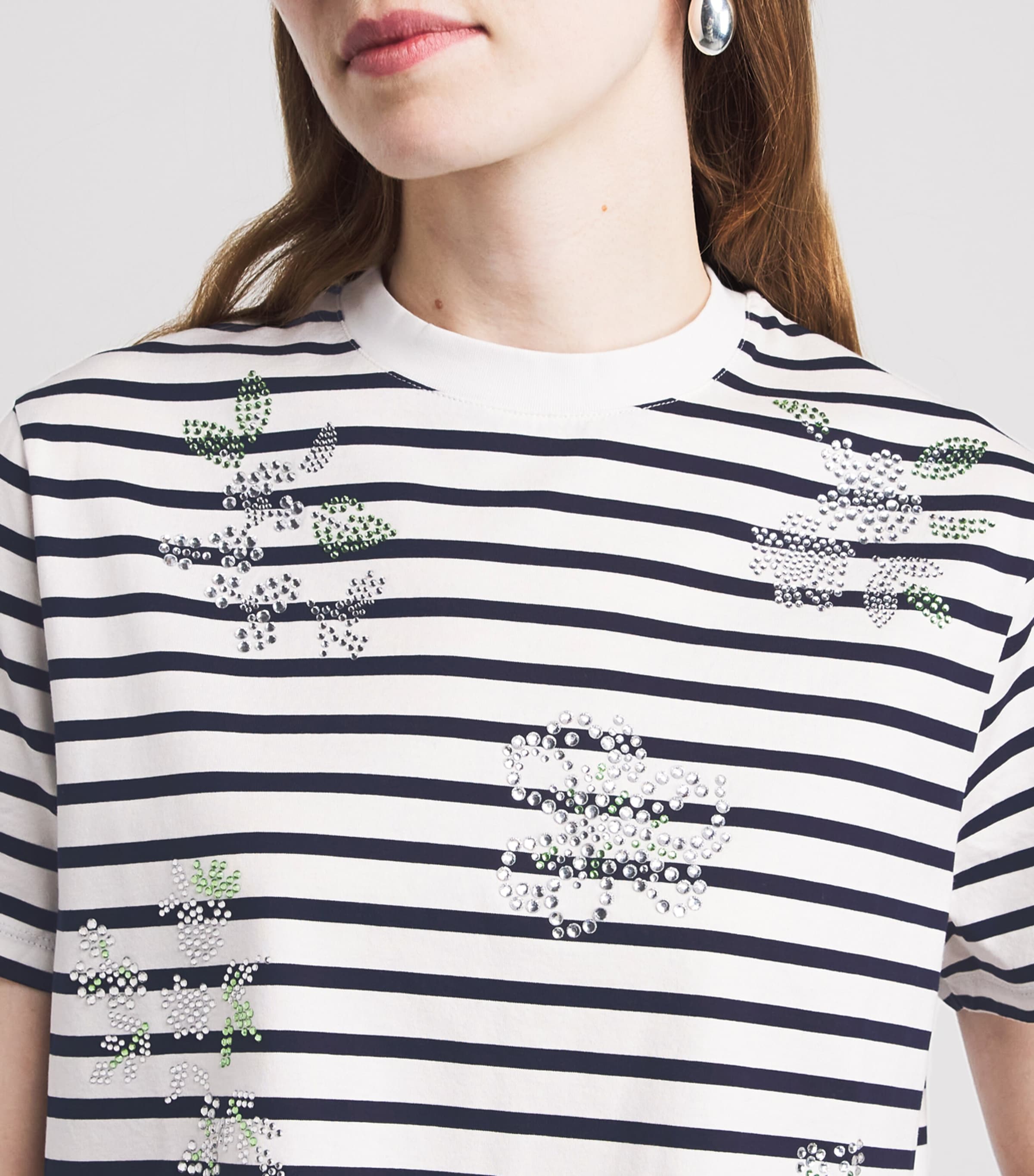 Maje Womens Cotton Rhinestone Stripe T-Shirt White Image 3