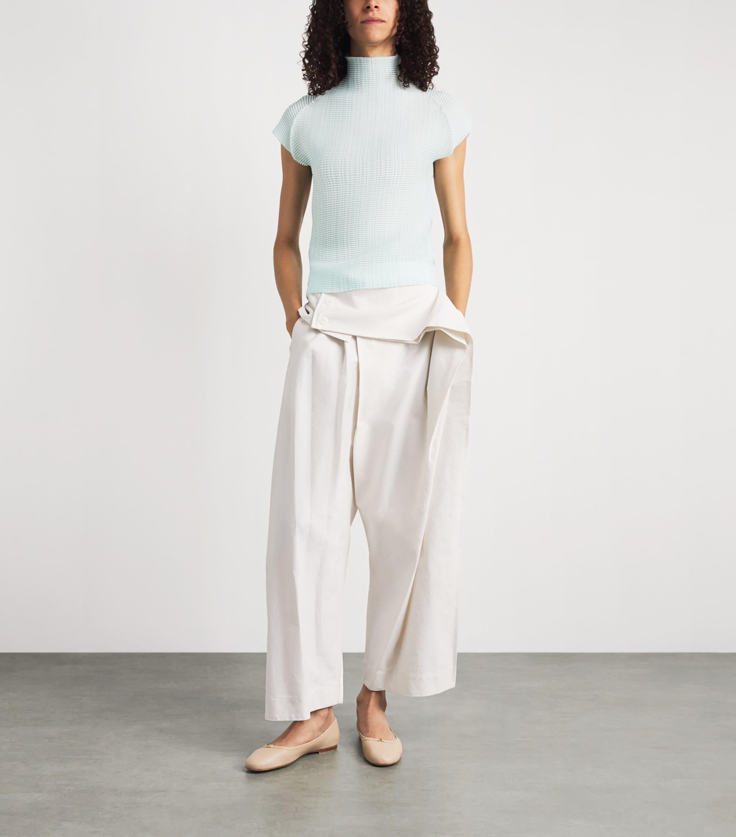 Issey Miyake Womens Wooly Pleats Mock-Neck Top Light Blue Image 2