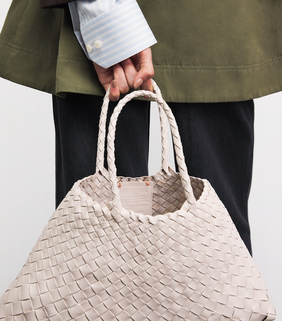 DRAGON DIFFUSION Small Leather Woven Santa Croce Tote Bag Sand Image 4
