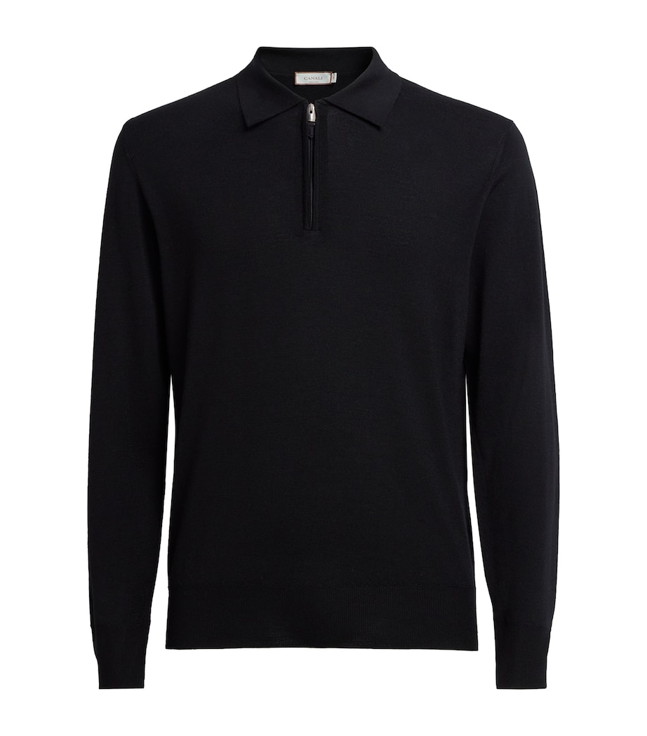 Canali Mens Wool Quarter-Zip Polo Sweater Black Image 1