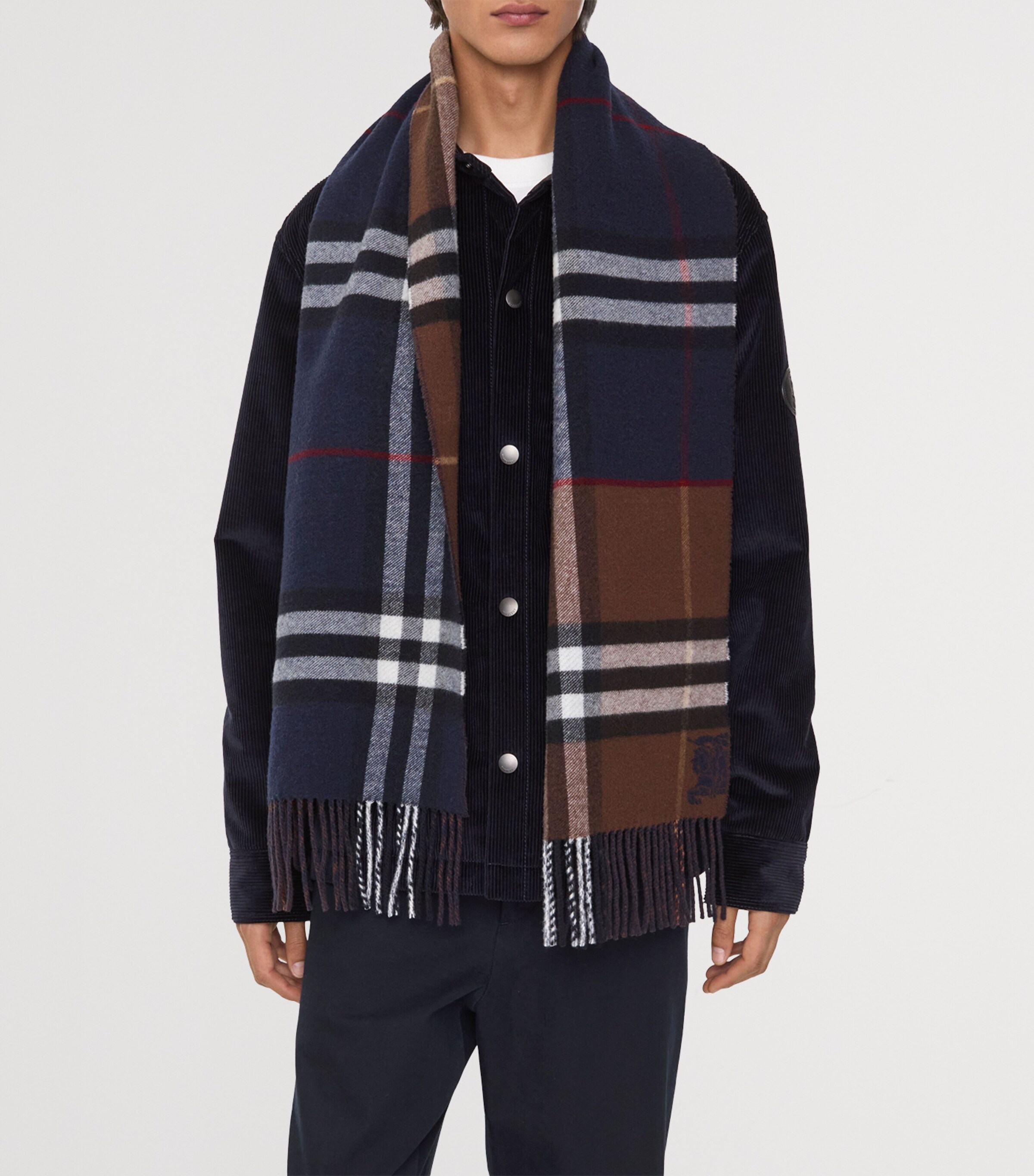 Cashmere Contrast Check Scarf INK BLUE/TREACLE Image 2