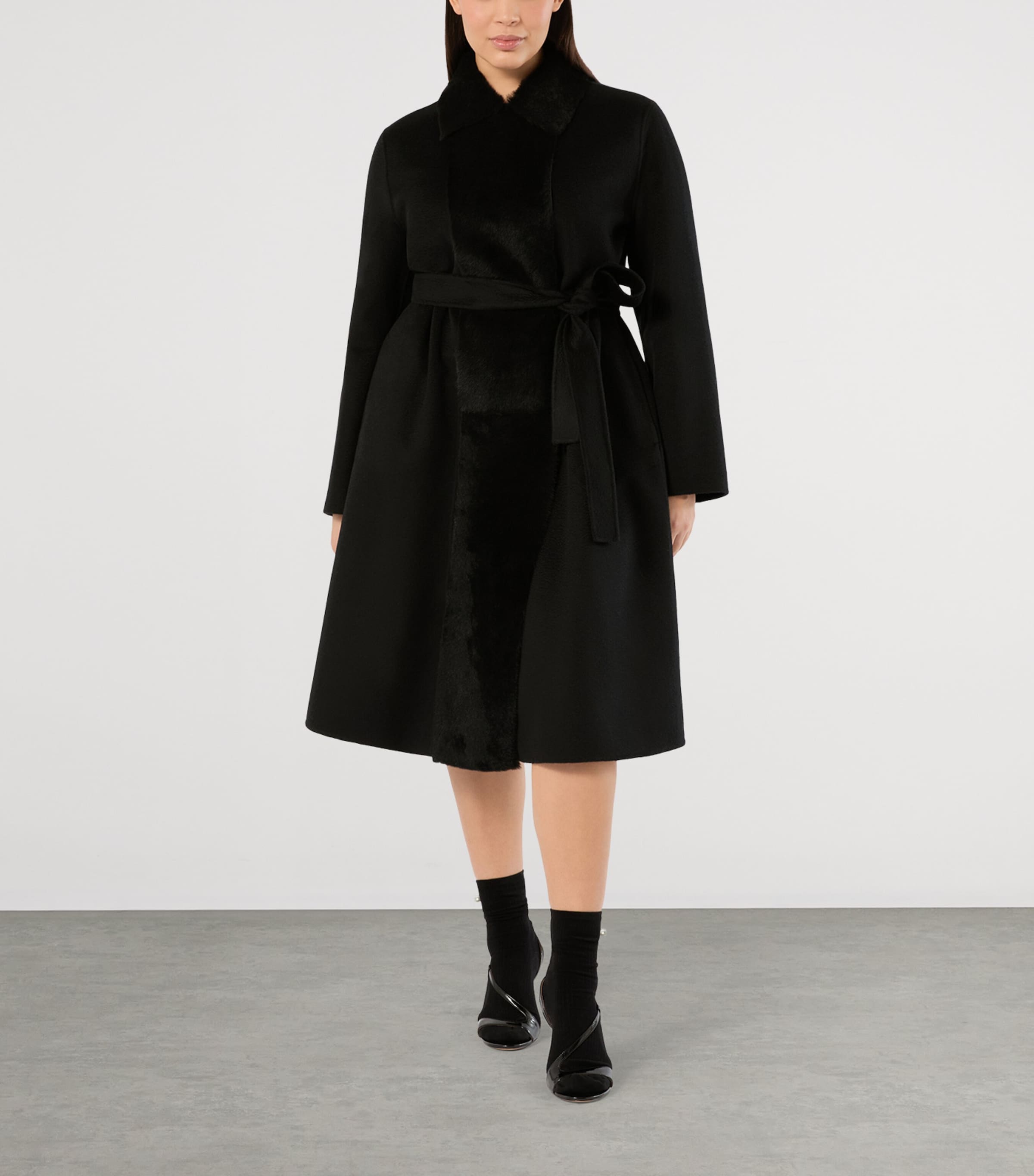 Marina Rinaldi Womens Wool Lamb-Fur Wrap Coat Black Image 2