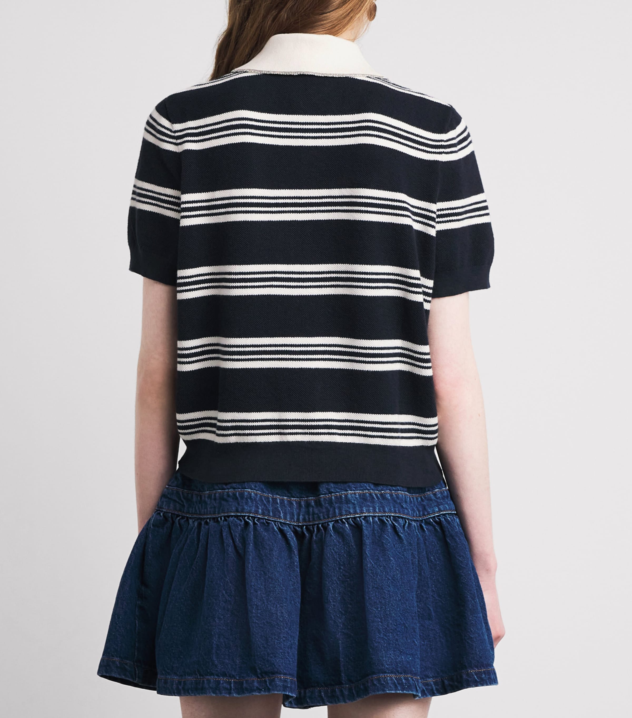Maje Womens Embellished Stripe Polo Shirt Ecru/navy Blue Image 5