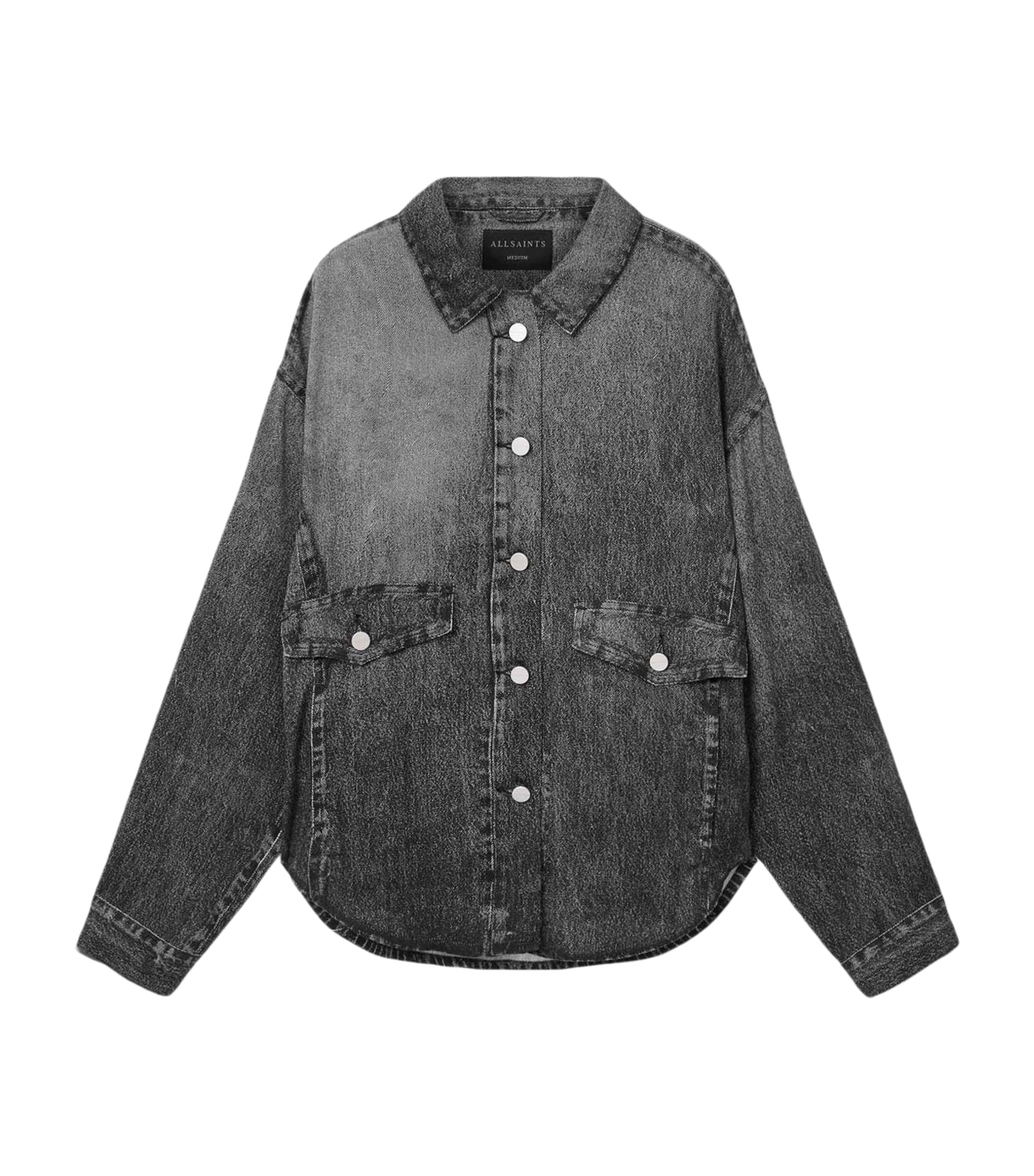Allsaints Womens Illusion Black Hettie Denim-print Lyocell Overshirt In Gray
