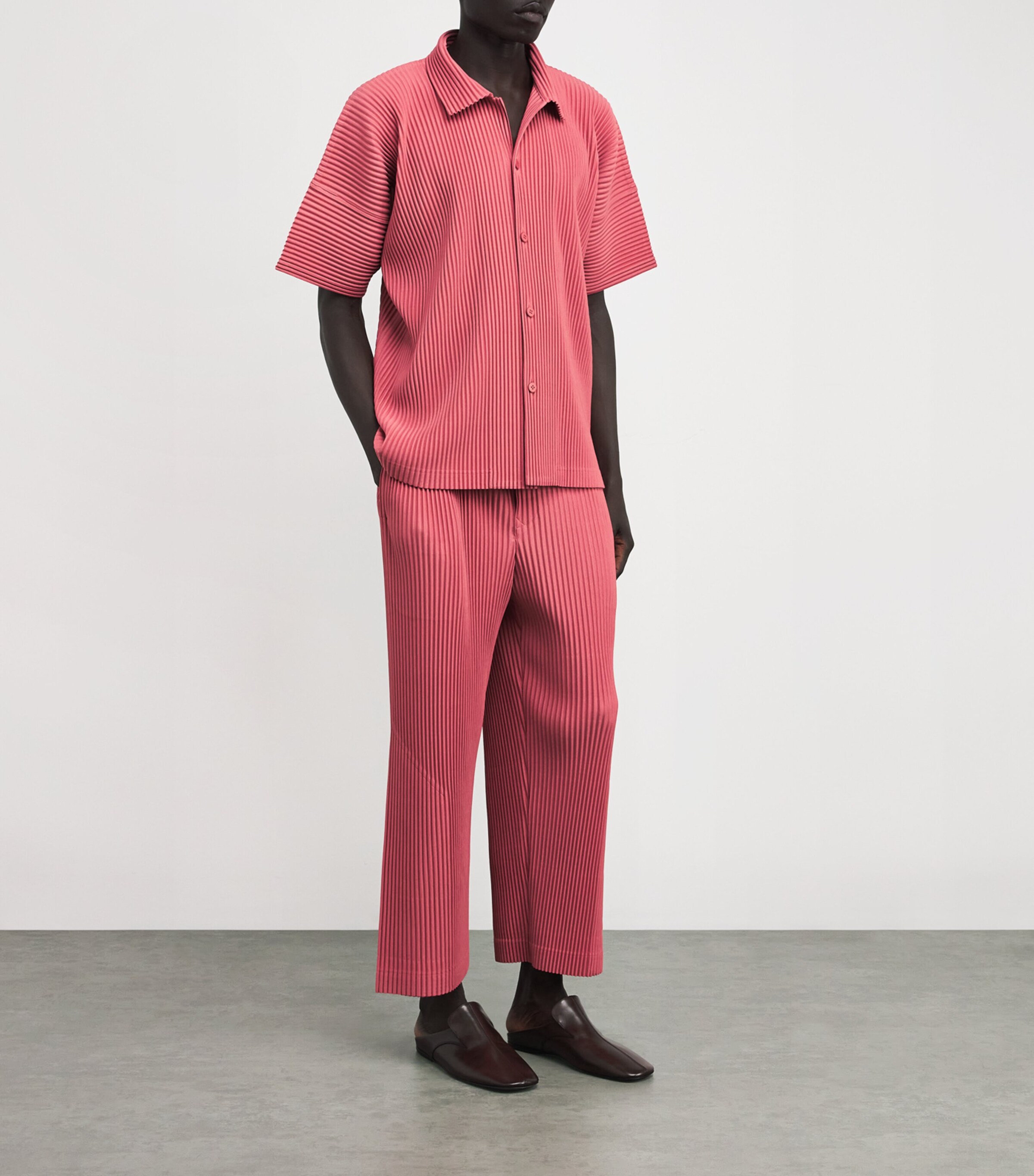 Homme Plissé Issey Miyake Mens Pleated Polo Shirt Dusky Red Image 2