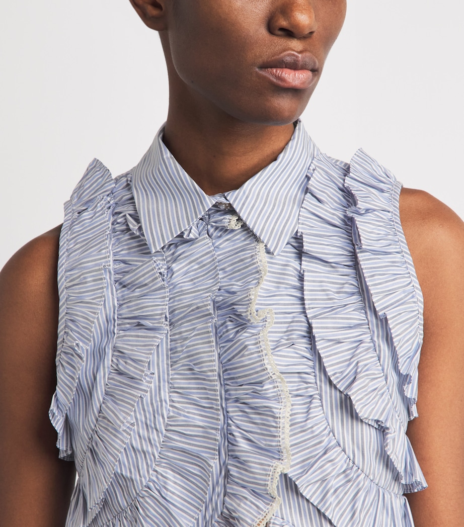 Sandro Paris Womens Cotton Stripe Ruffled Shirt Bleu / Marine Image 3