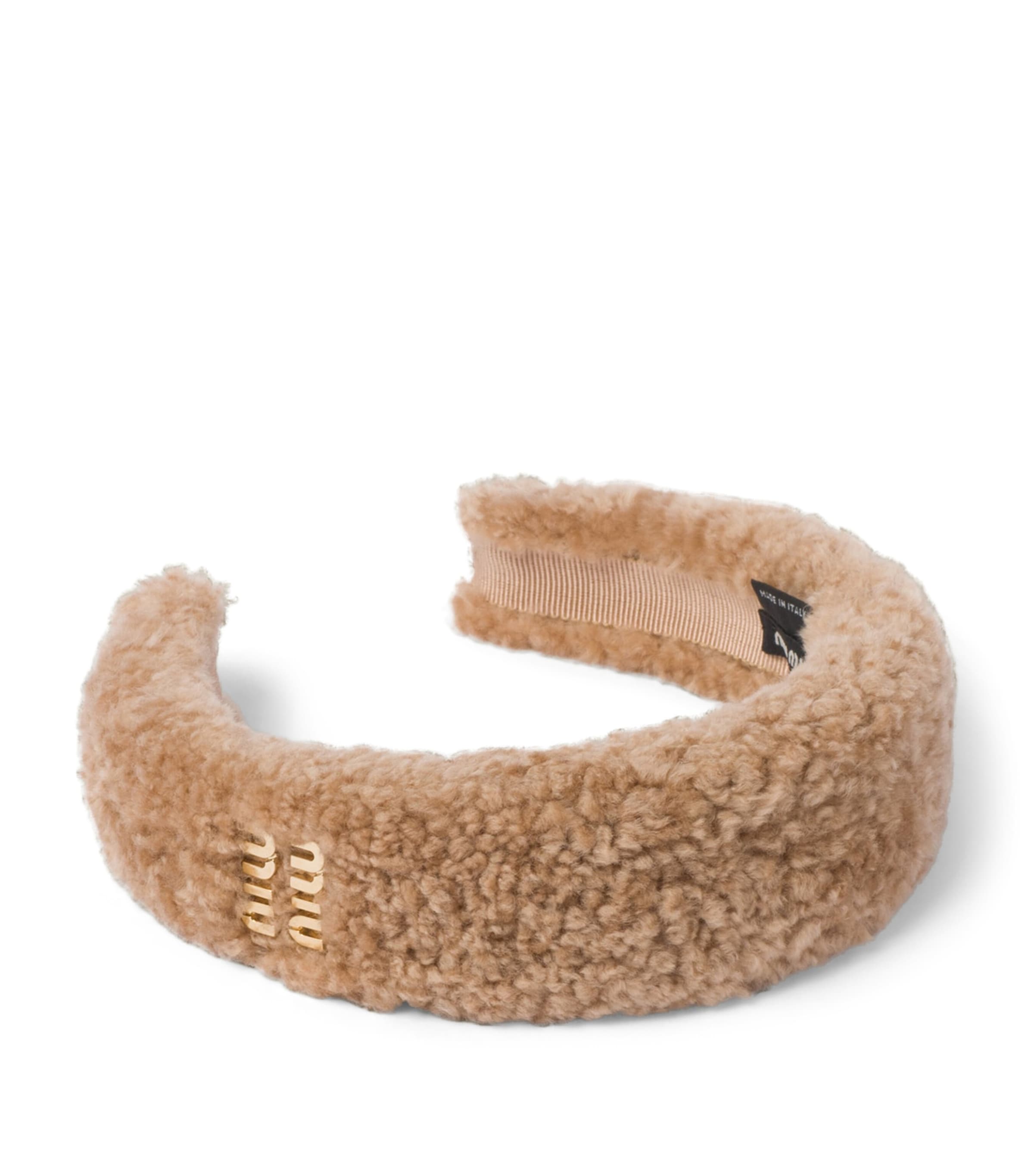 Miu Miu Shearling Logo Headband In Brown