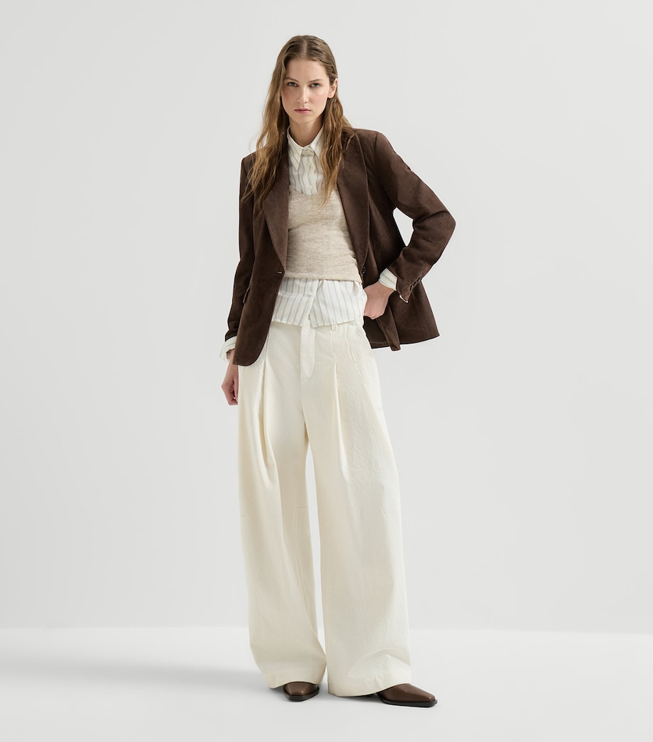 Brunello Cucinelli Womens Silk-Alpaca-Wool Lace-Detail Top Rustic Beige Image 3