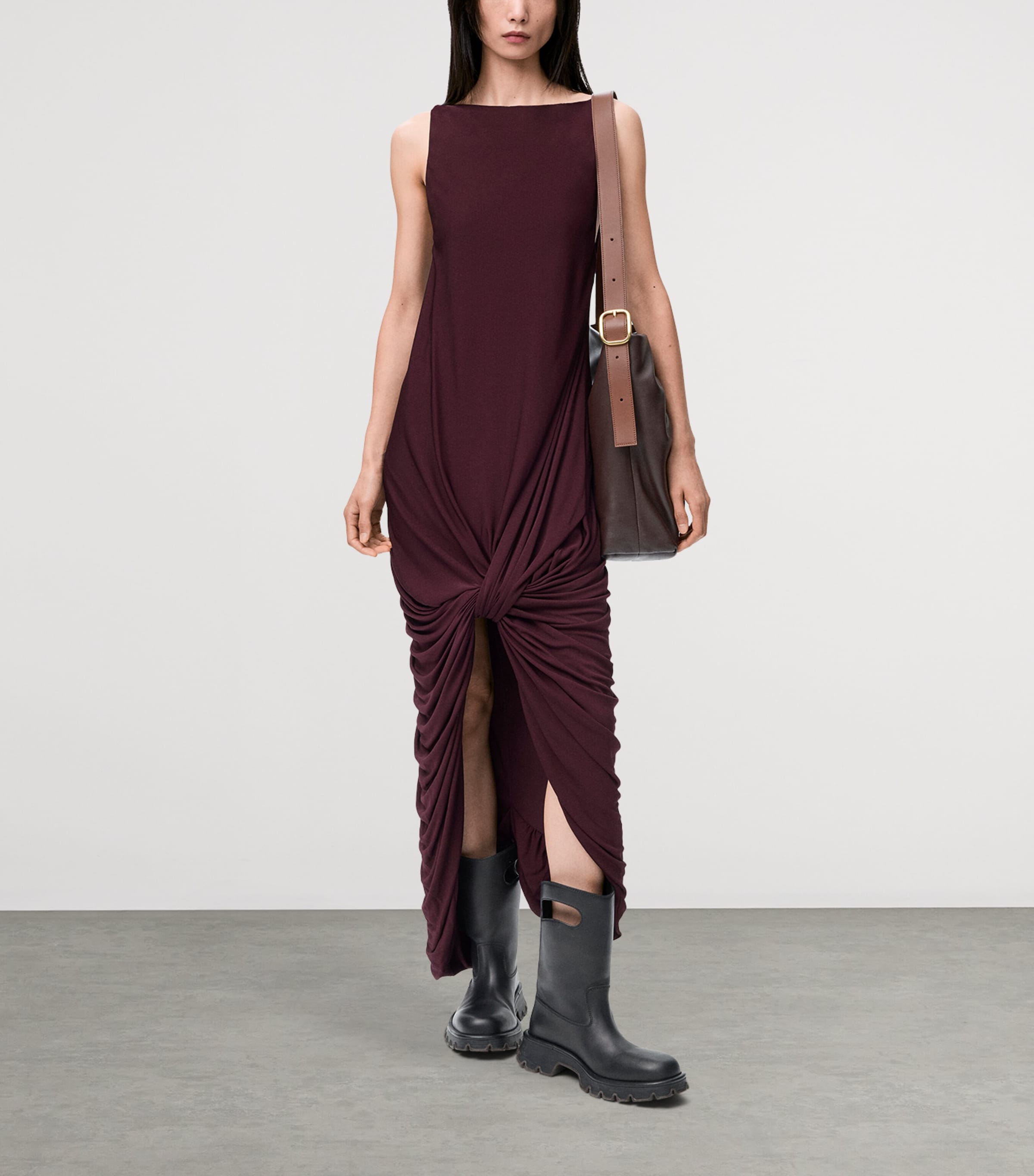 Knot-Front Draped Maxi Dress BURGUNDY Image 2