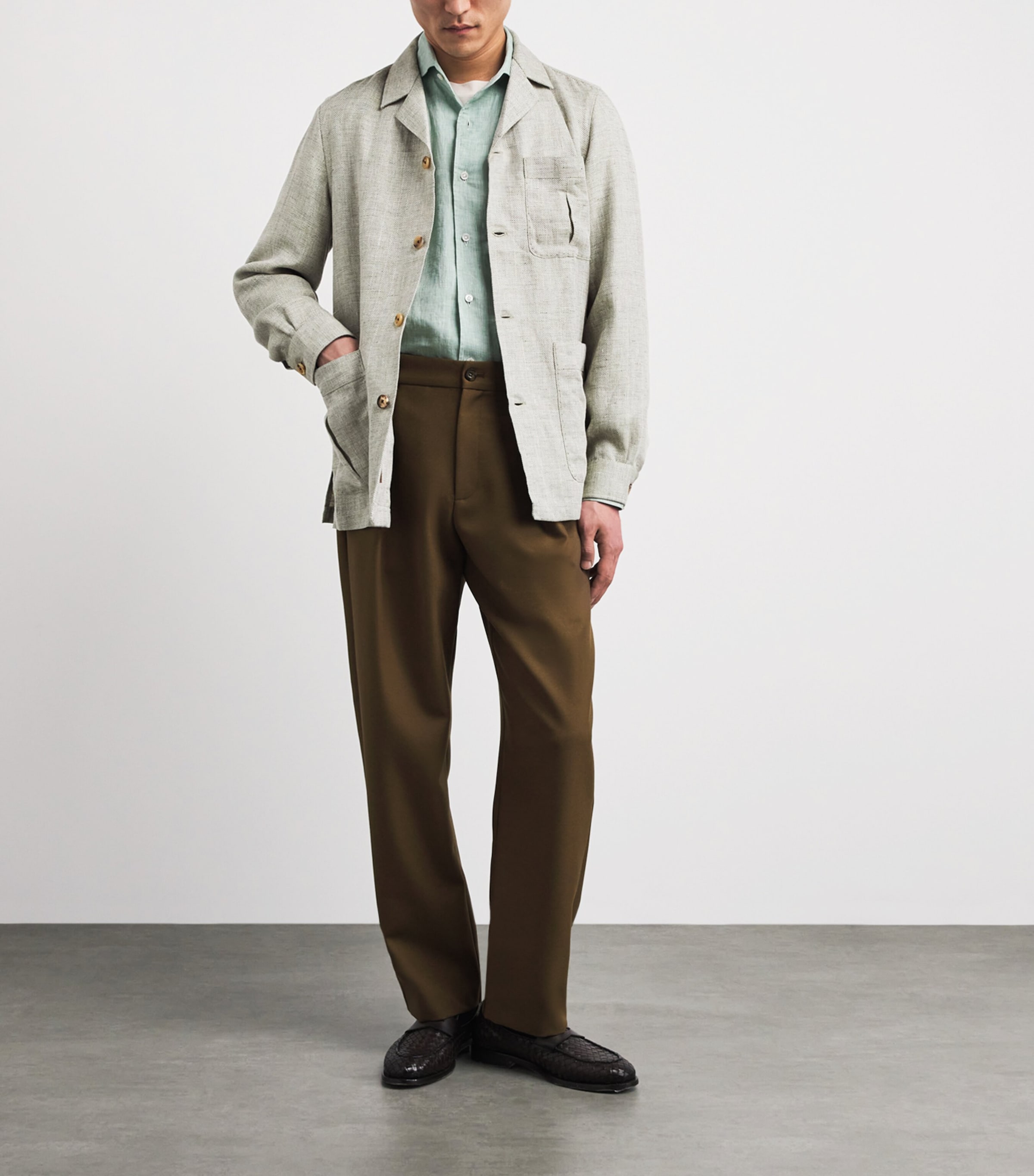 100HANDS Mens Linen-Wool Herringbone Overshirt Spring Green Image 2