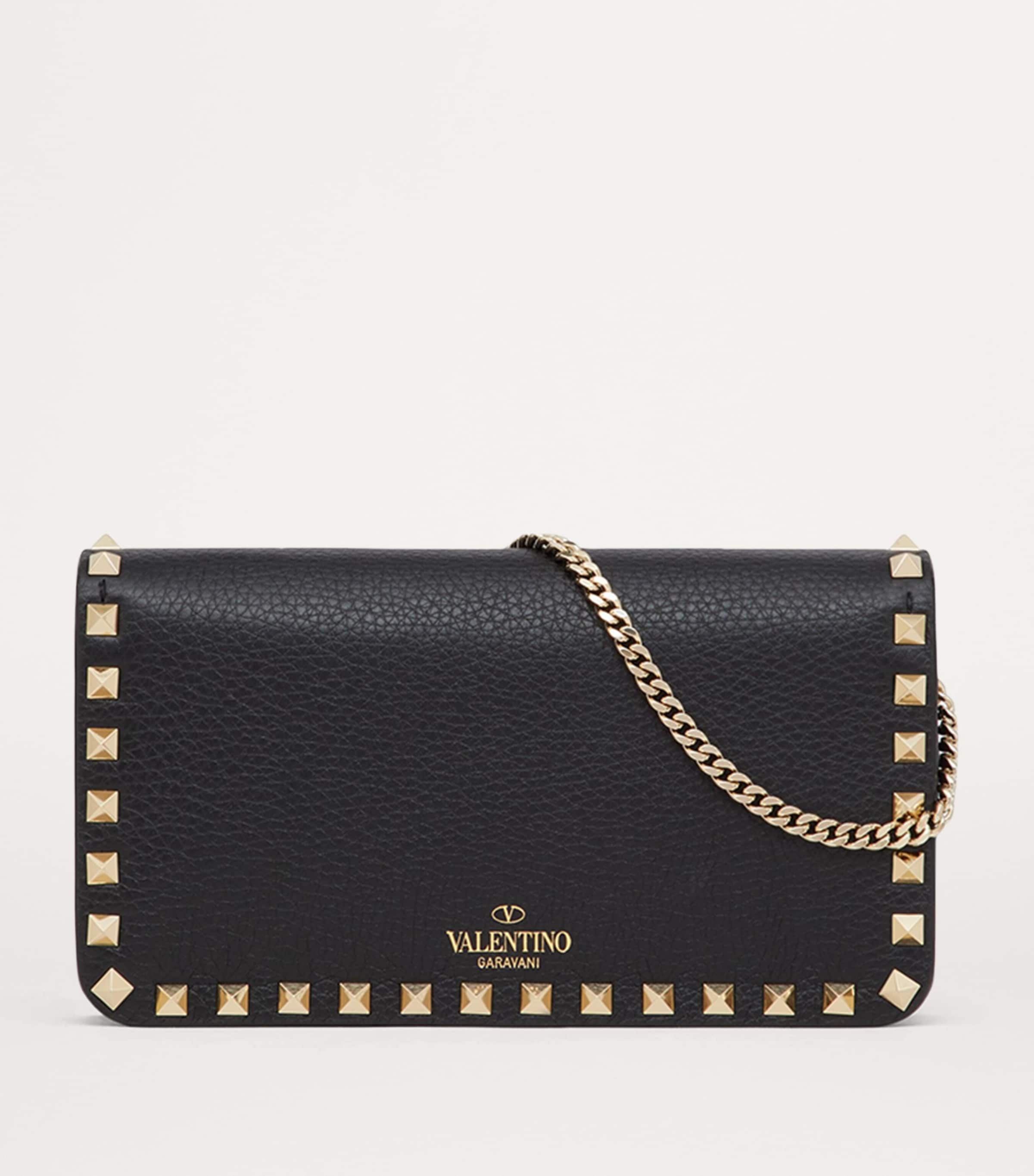 Valentino Leather Rockstud Chain Wallet In Black