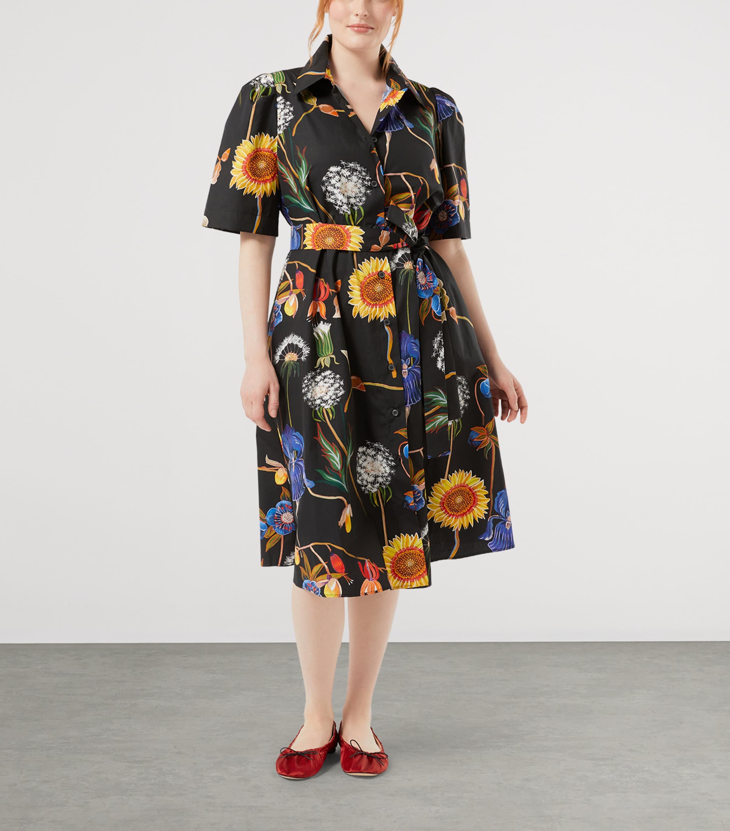 Marina Rinaldi Womens Cotton Printed Midi Shirt Dress Black Image 2