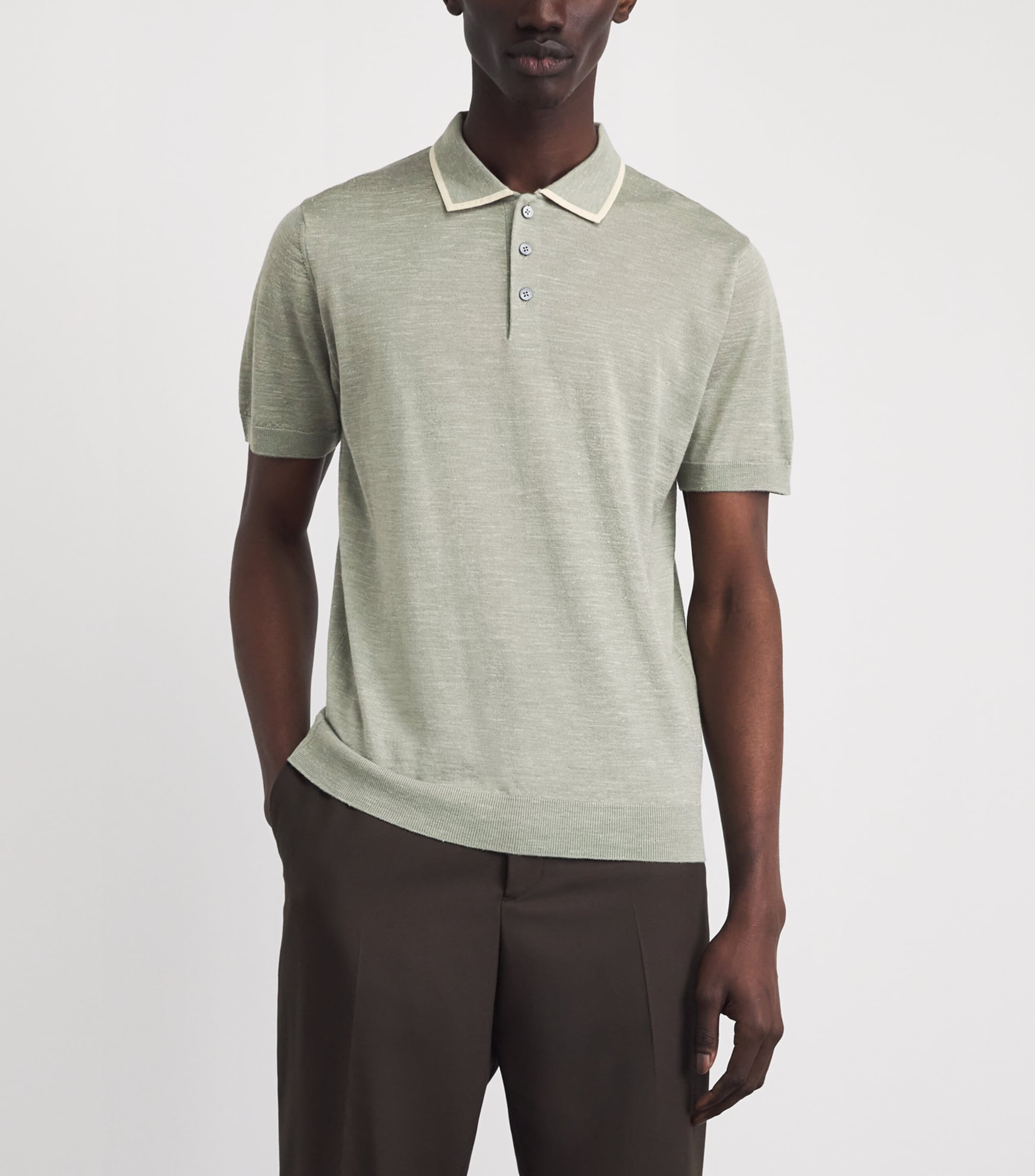 Corneliani Mens Virgin Wool-Silk-Linen Polo Shirt Green Coloured Image 4