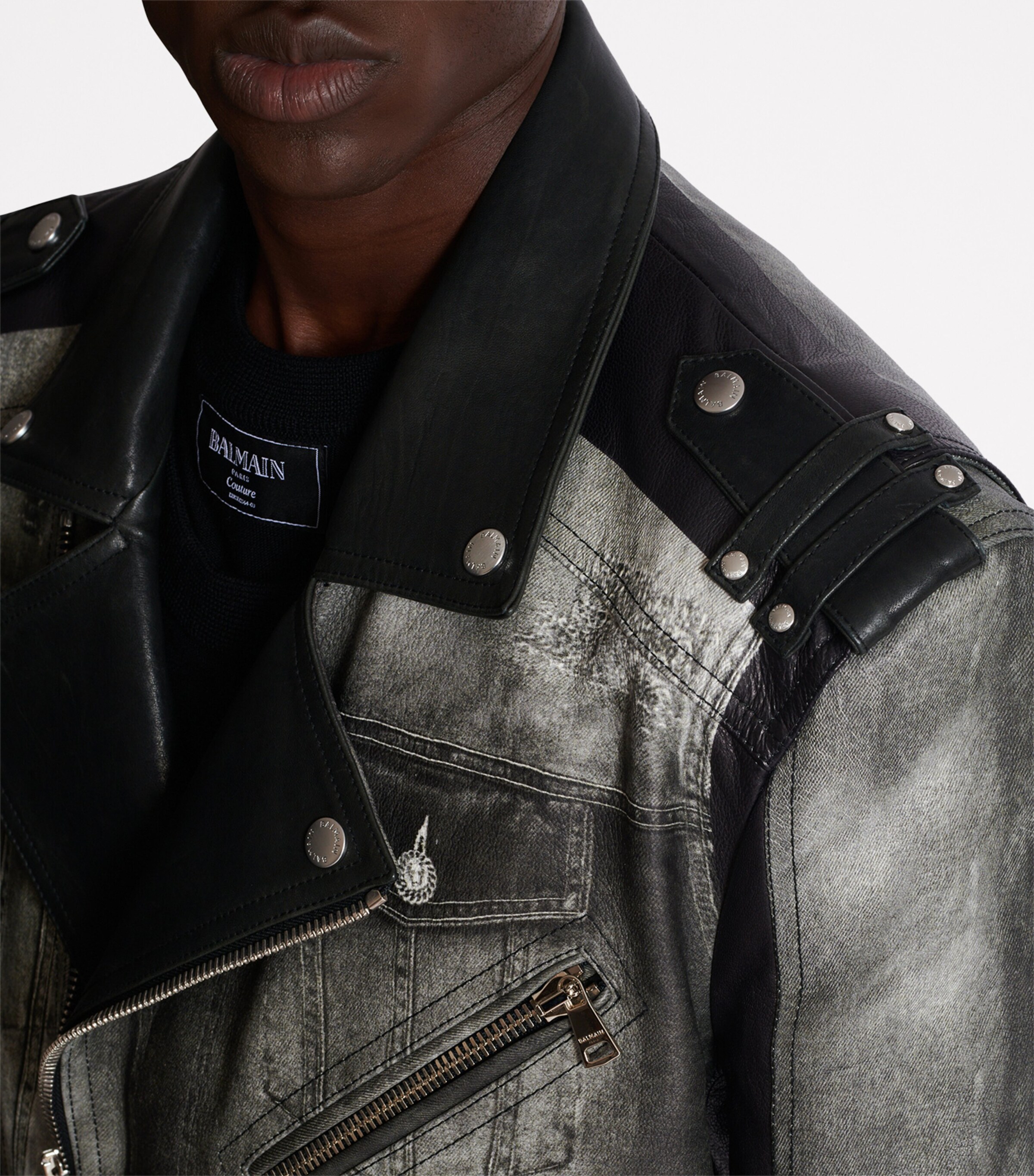 Balmain Mens Leather Denim Print Biker Jacker Yie Gris Denim/ Noir Image 10