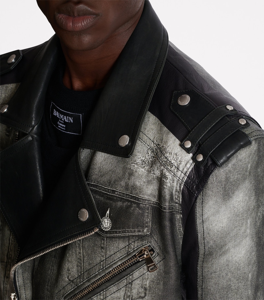 Balmain Mens Leather Denim Print Biker Jacker Yie Gris Denim/ Noir Image 10