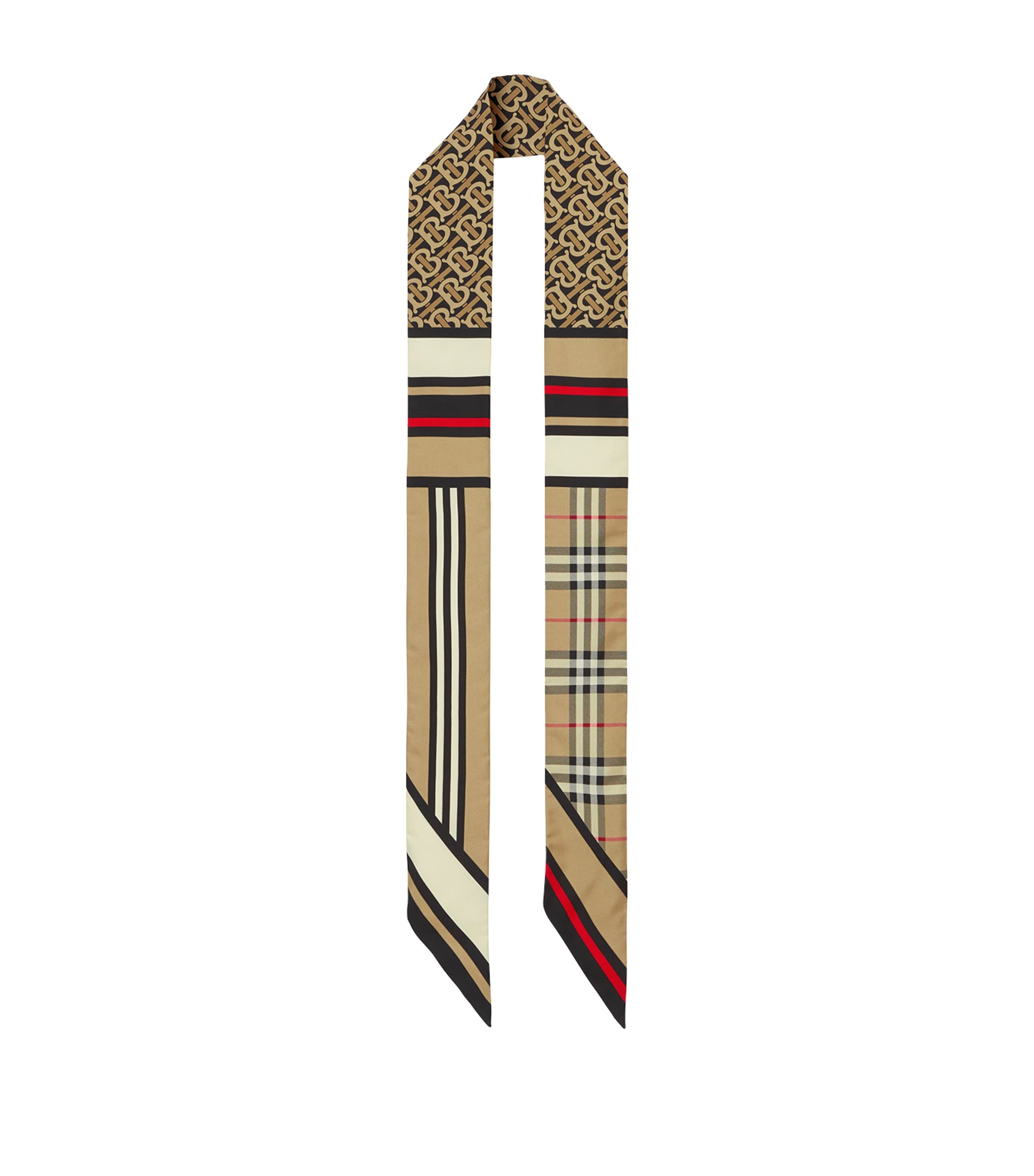 Shop Burberry Silk Montage Skinny Scarf In Beige