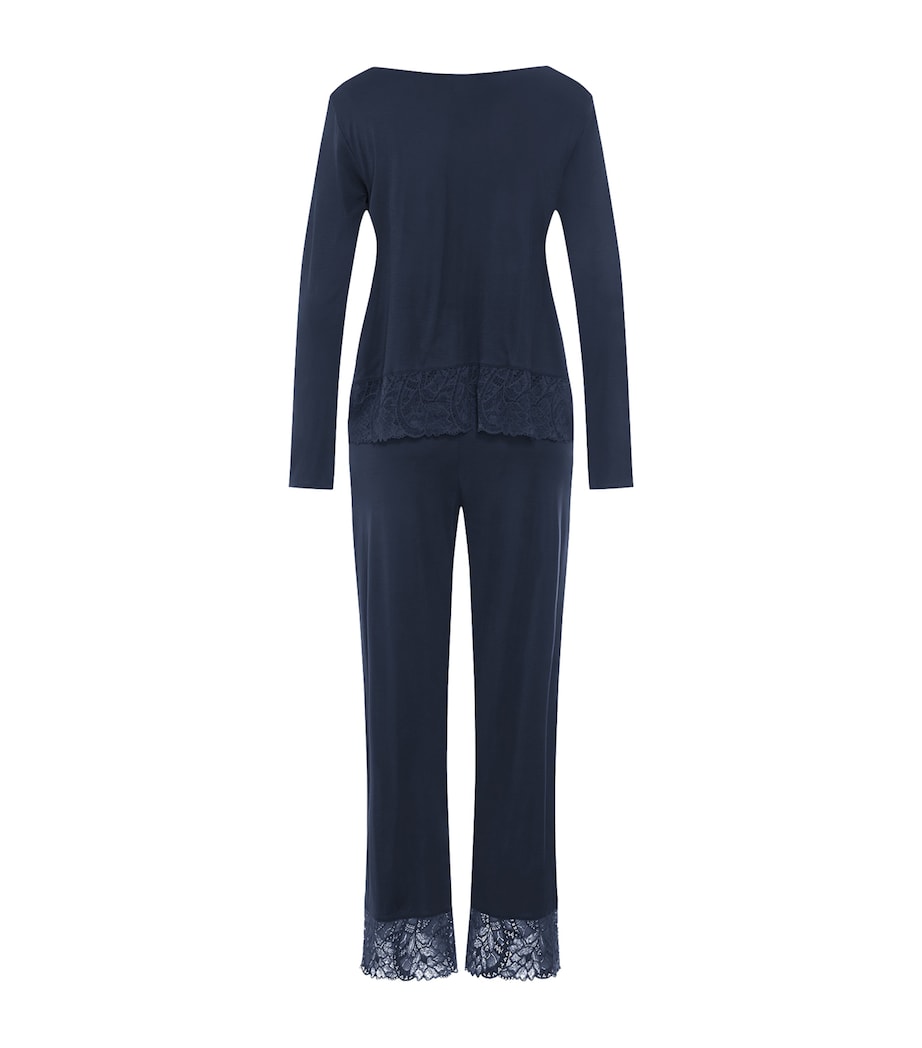 Hanro Womens Lace-Trim Long-Sleeve Pyjamas Deep Navy Image 3