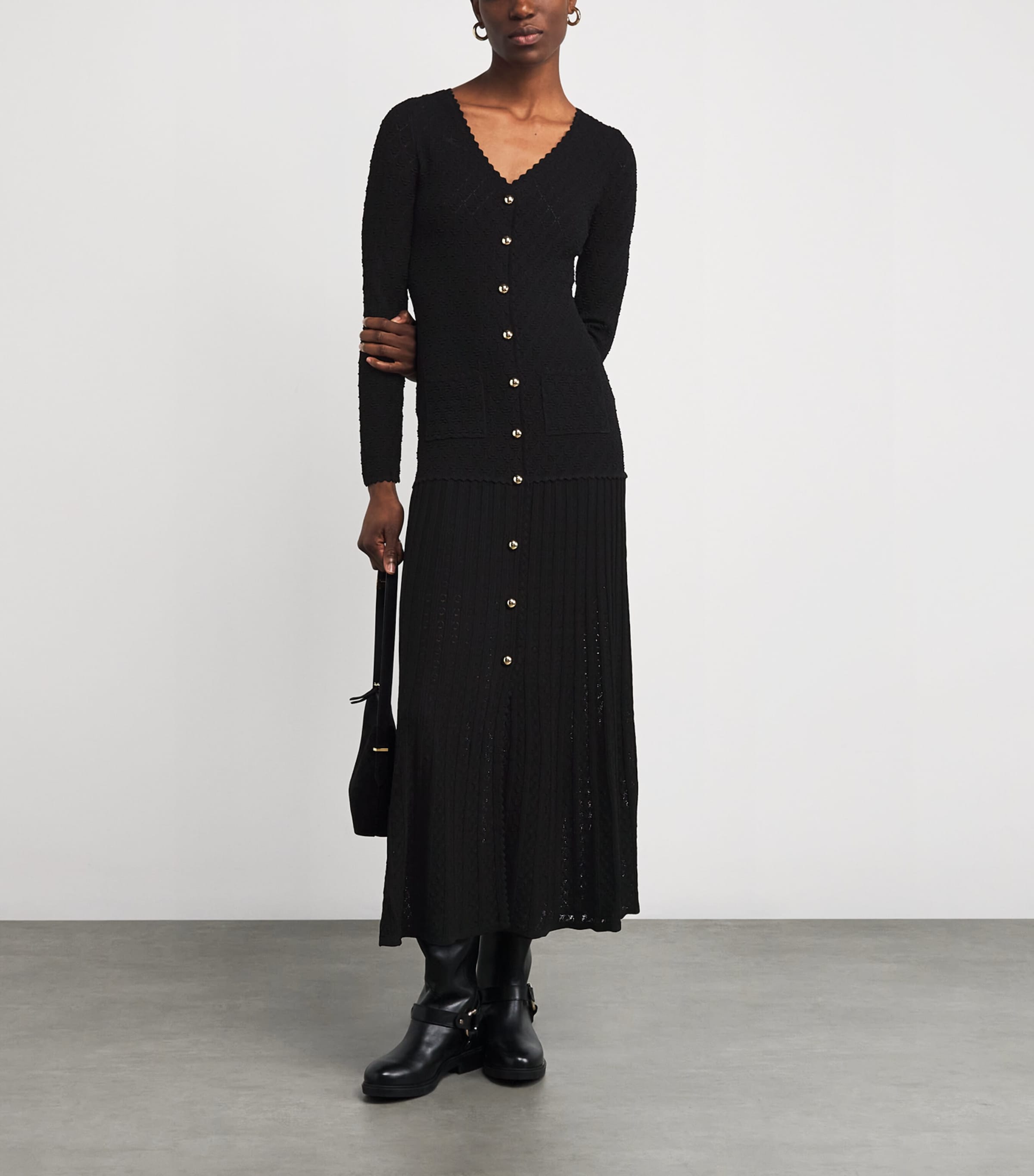 Knit V-Neck Midi Dress BLACK Image 2