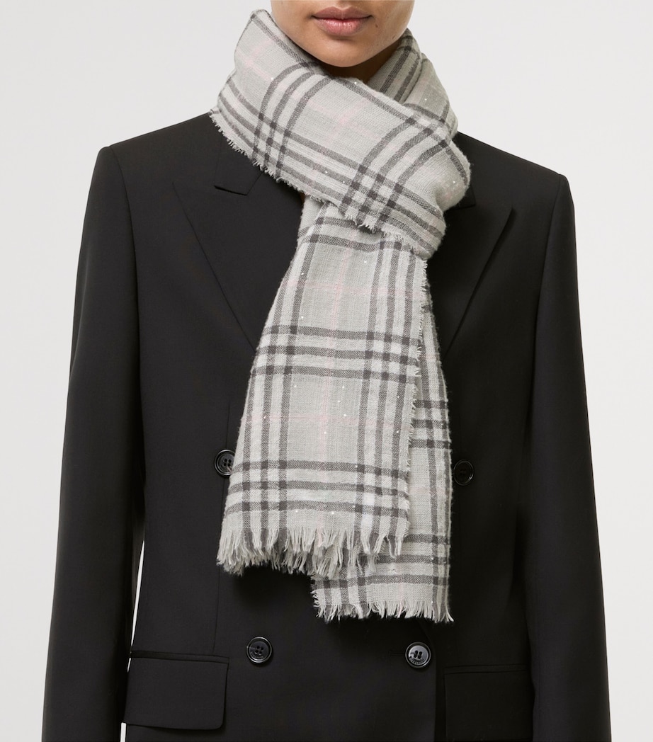 Burberry Wool-Silk Sequin Check Scarf Mitten Grey Image 2