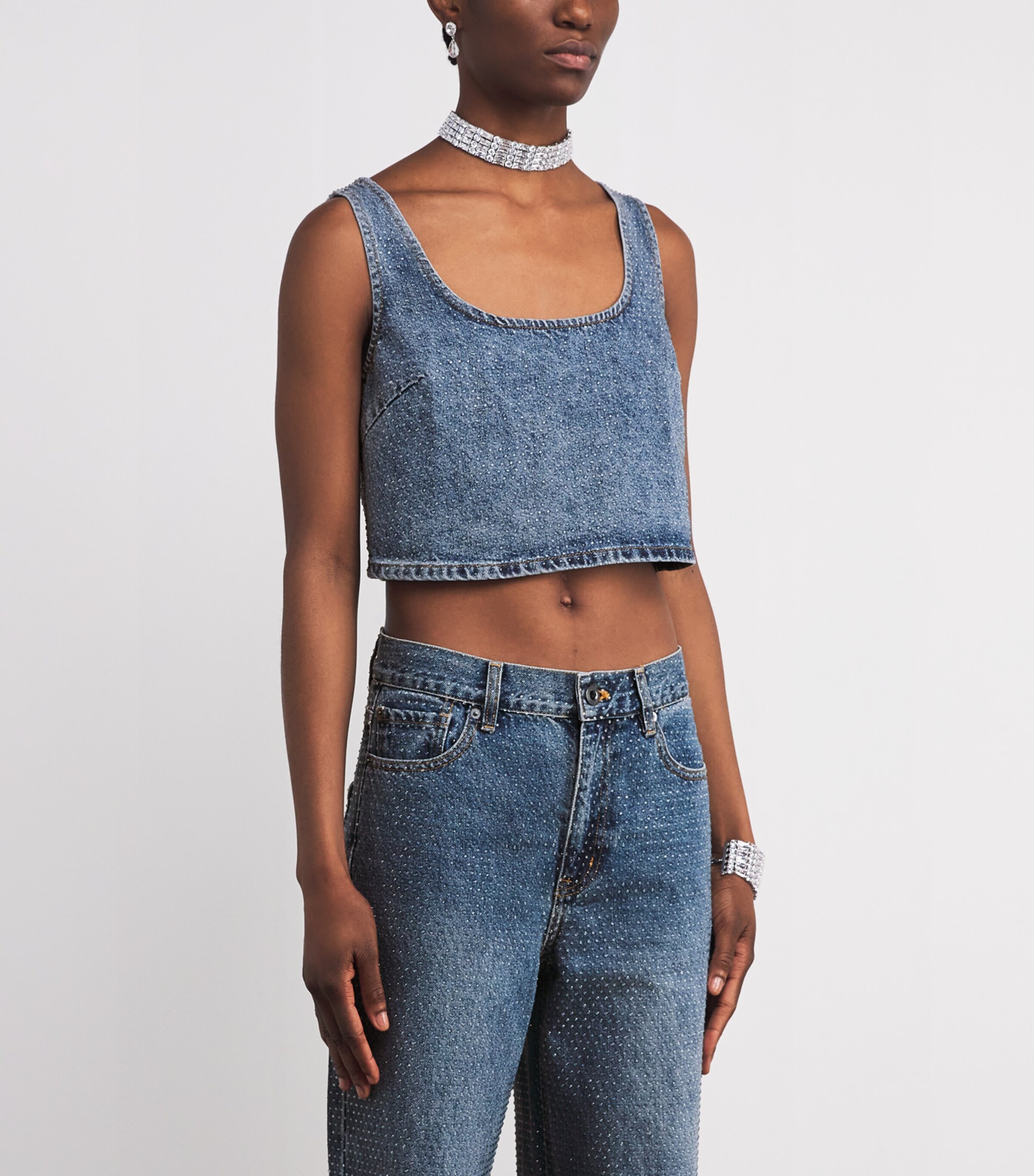 Denim Rhinestone-Embellished Crop Top BLUE Image 3