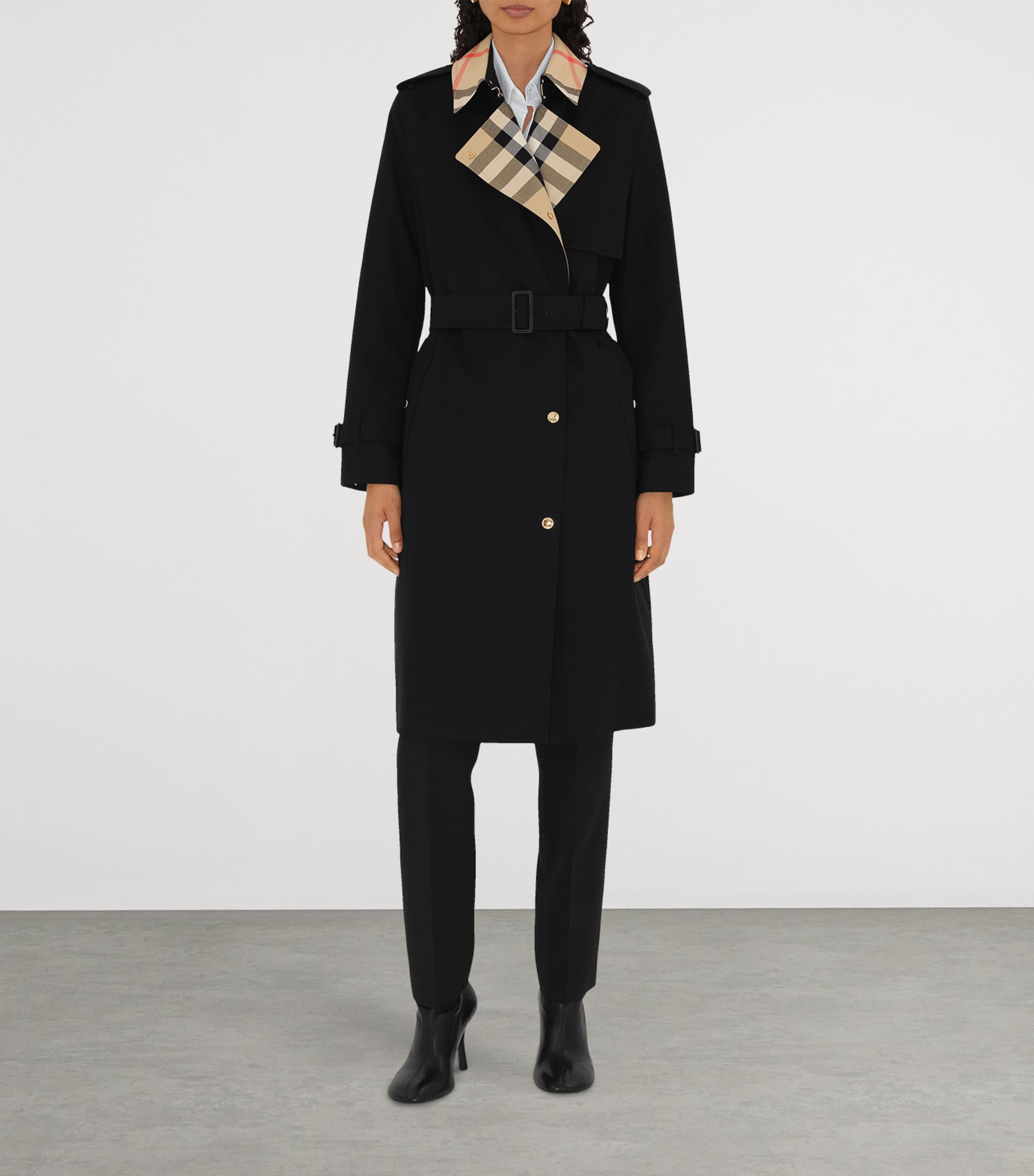 Burberry Womens Gabardine Check-Collar Long Trench Coat Black Image 2