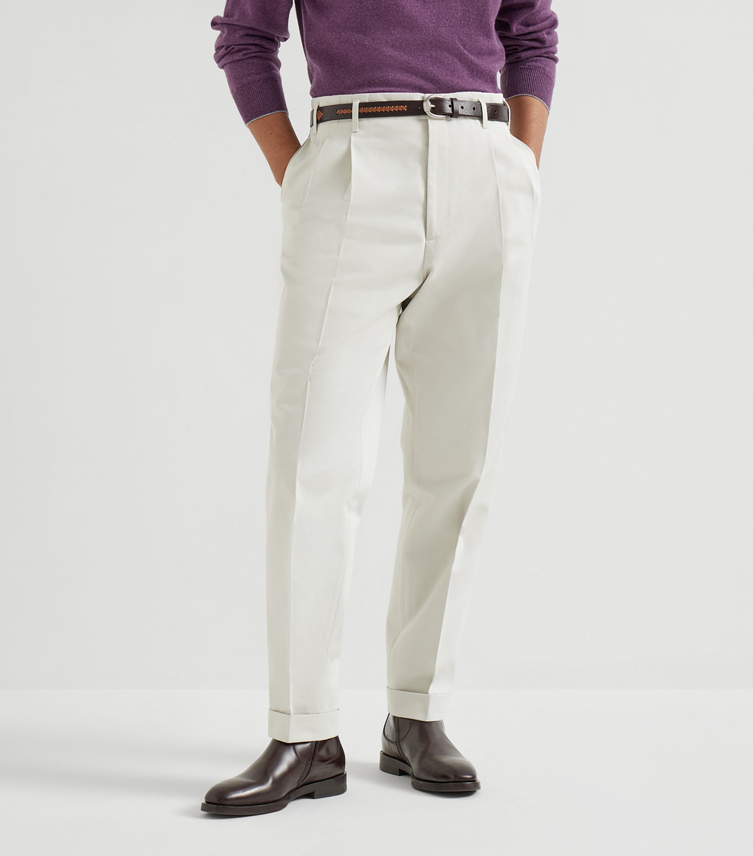 BRUNELLO CUCINELLI ホワイト スラックス Brunello Cucinelli White Cotton Satin Straight Tailored Trousers