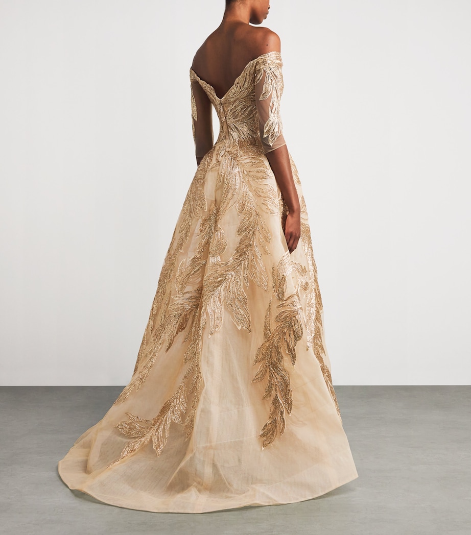 Tulle Feather-Embroidered Gown GOLD Image 3