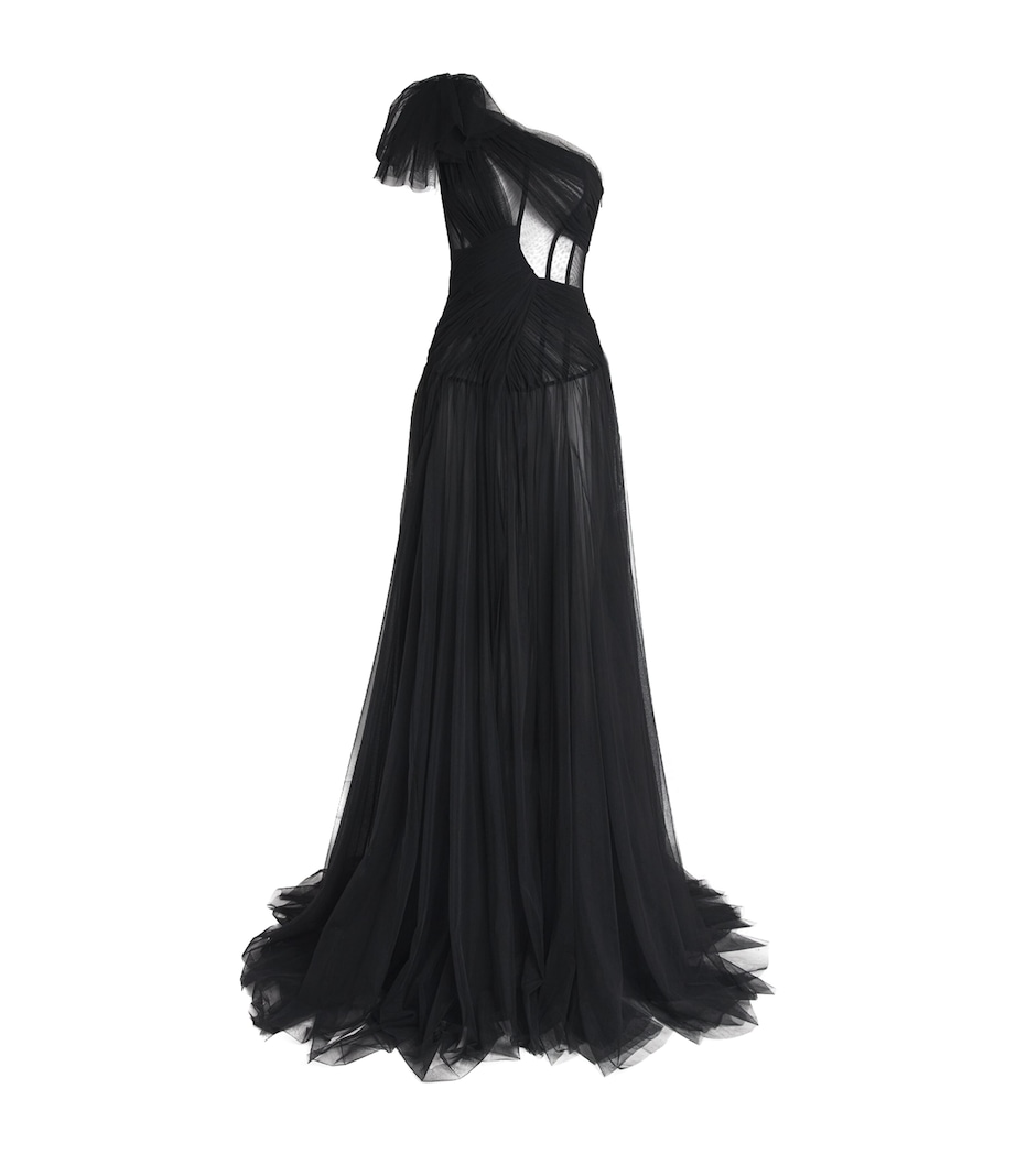 Sandra Mansour Womens Tulle One-Shoulder Gown Black Image 1