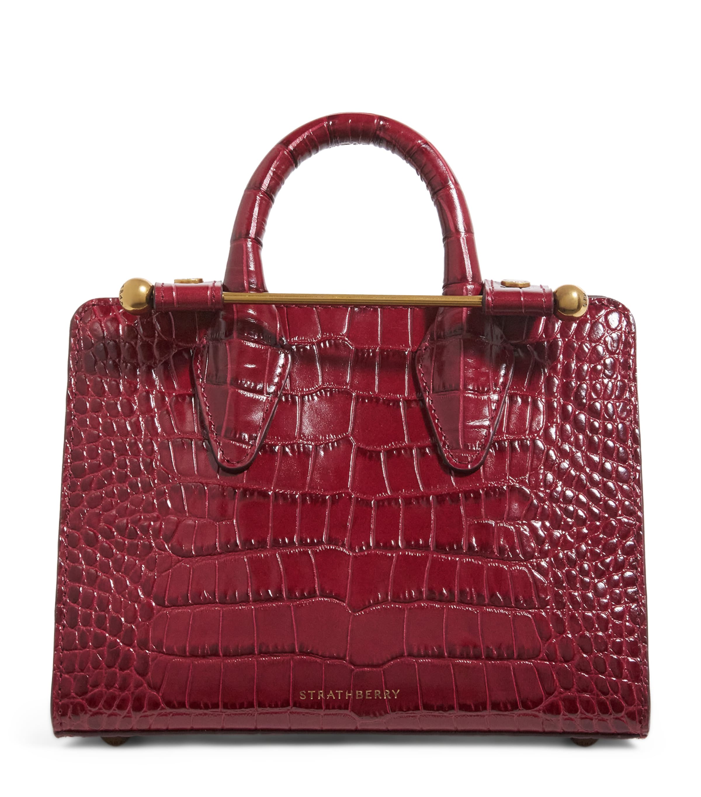 Strathberry Croc-Embossed Leather Nano Tote Bag Oxblood Image 1