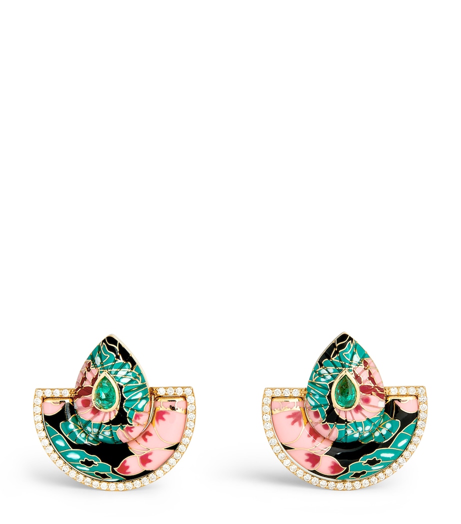 Yellow Gold and Diamond Chinoiserie Bond Fan Earrings GREEN PINK Image 1