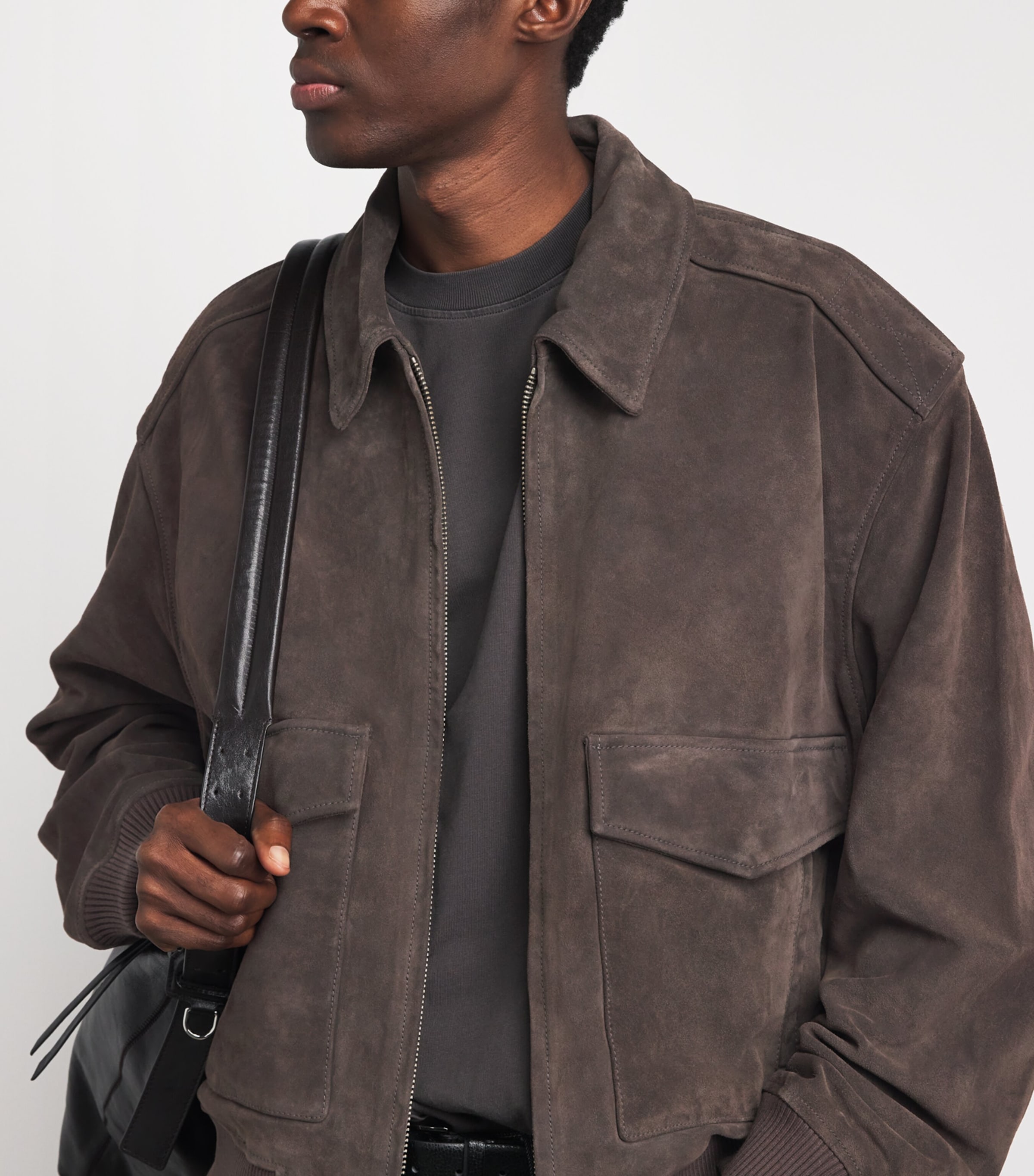 AGOLDE Mens Suede Emil Bomber Jacket Seal Brown Image 3