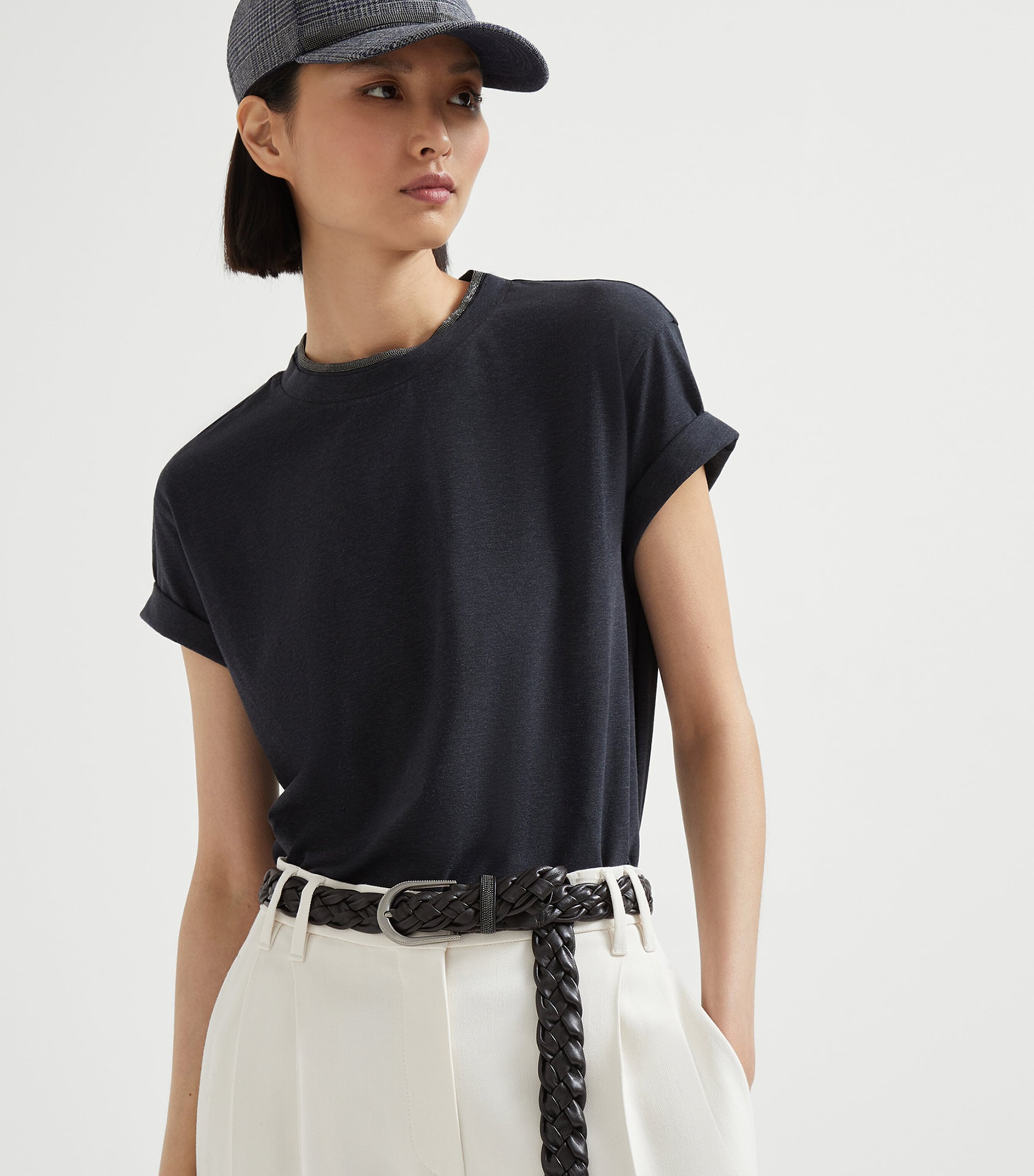 Stretch-Cotton Monili-Detail T-Shirt C055 Image 5