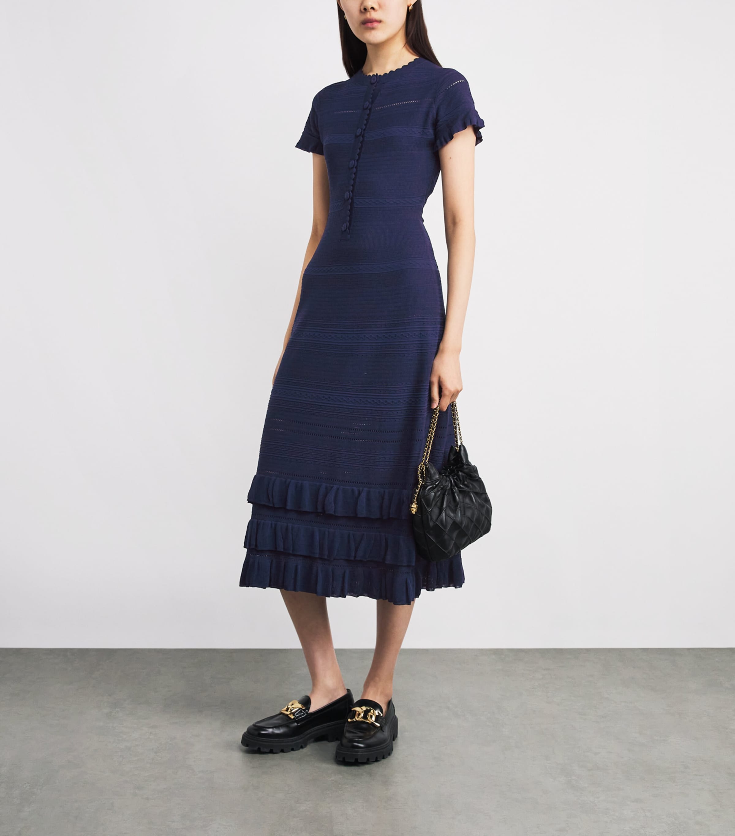 Knitted Ruffle-Detail Midi Dress NAVY Image 2