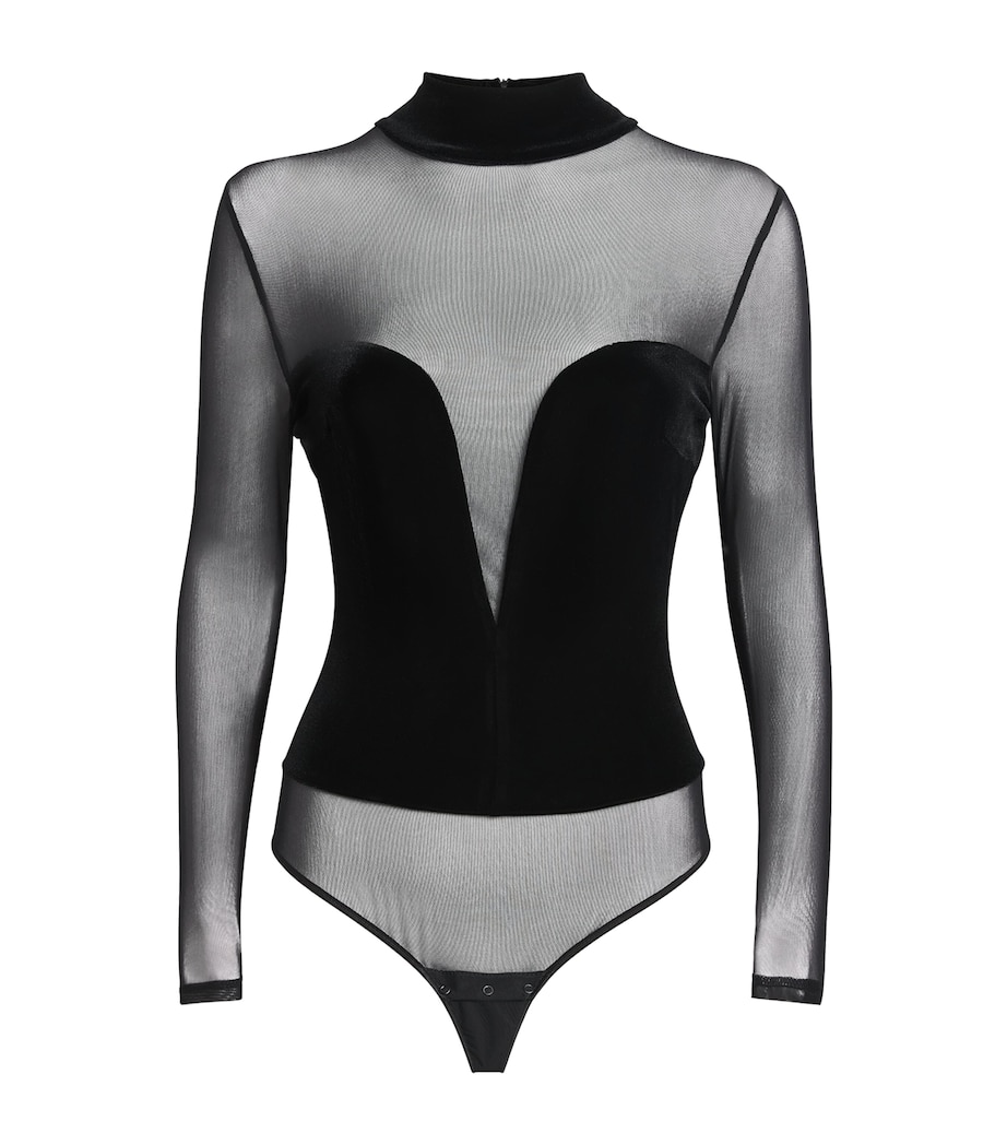 Velvet-Detail Rush Thong Bodysuit BLACK Image 1