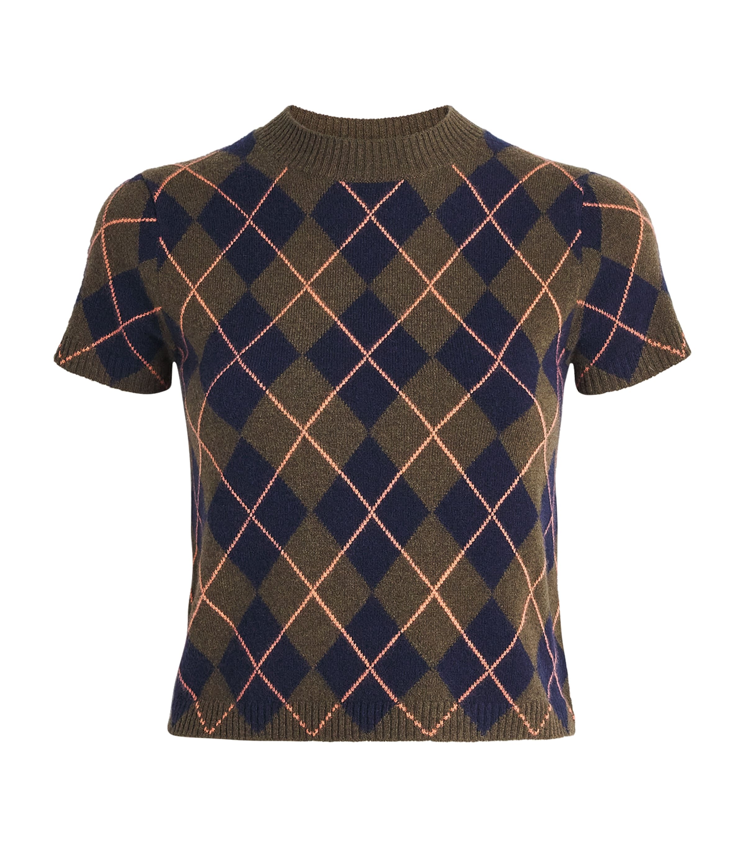ME+EM Green Cashmere Argyle Short-Sleeve Sweater | Harrods US