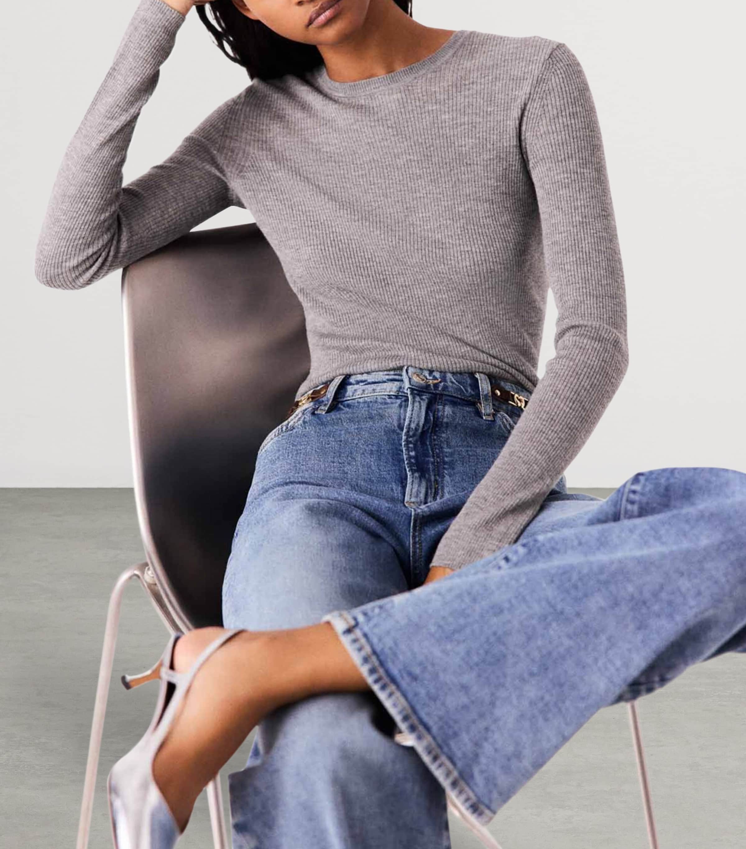 Maje Womens Wool-Silk Rib-Knit Sweater Grey Image 7