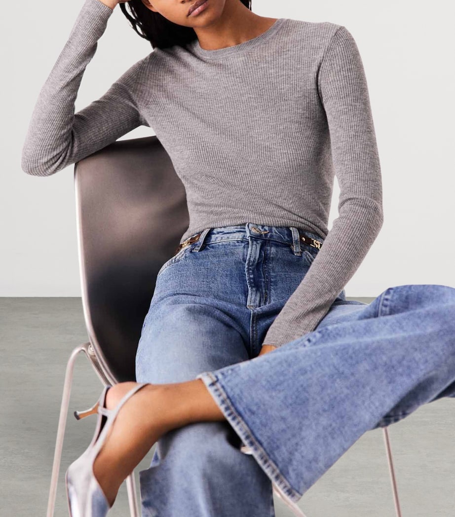 Maje Womens Wool-Silk Rib-Knit Sweater Grey Image 7