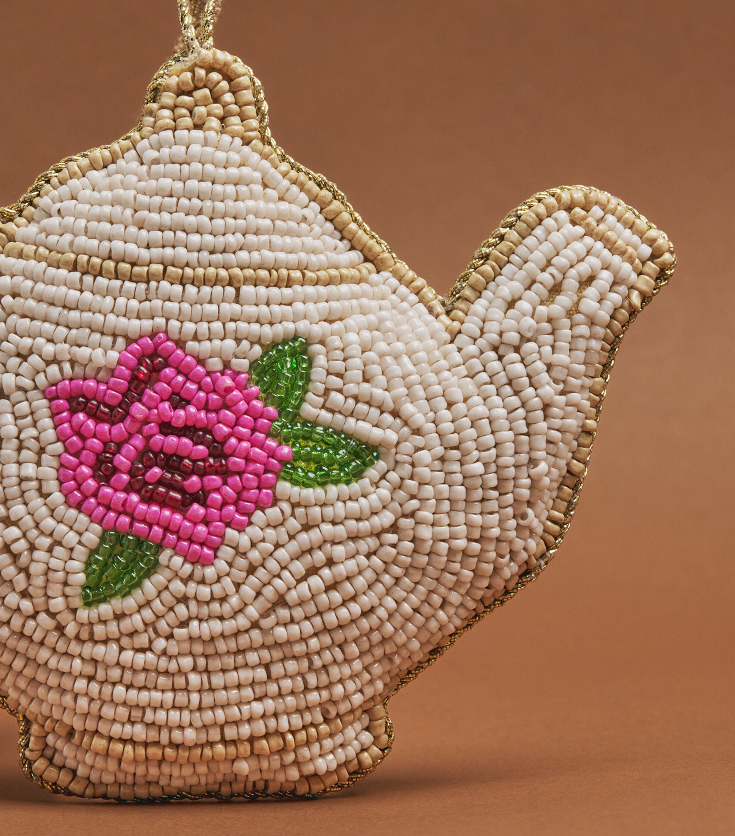 Harrods Beaded Teapot Tree Decoration Beige/gold Image 2
