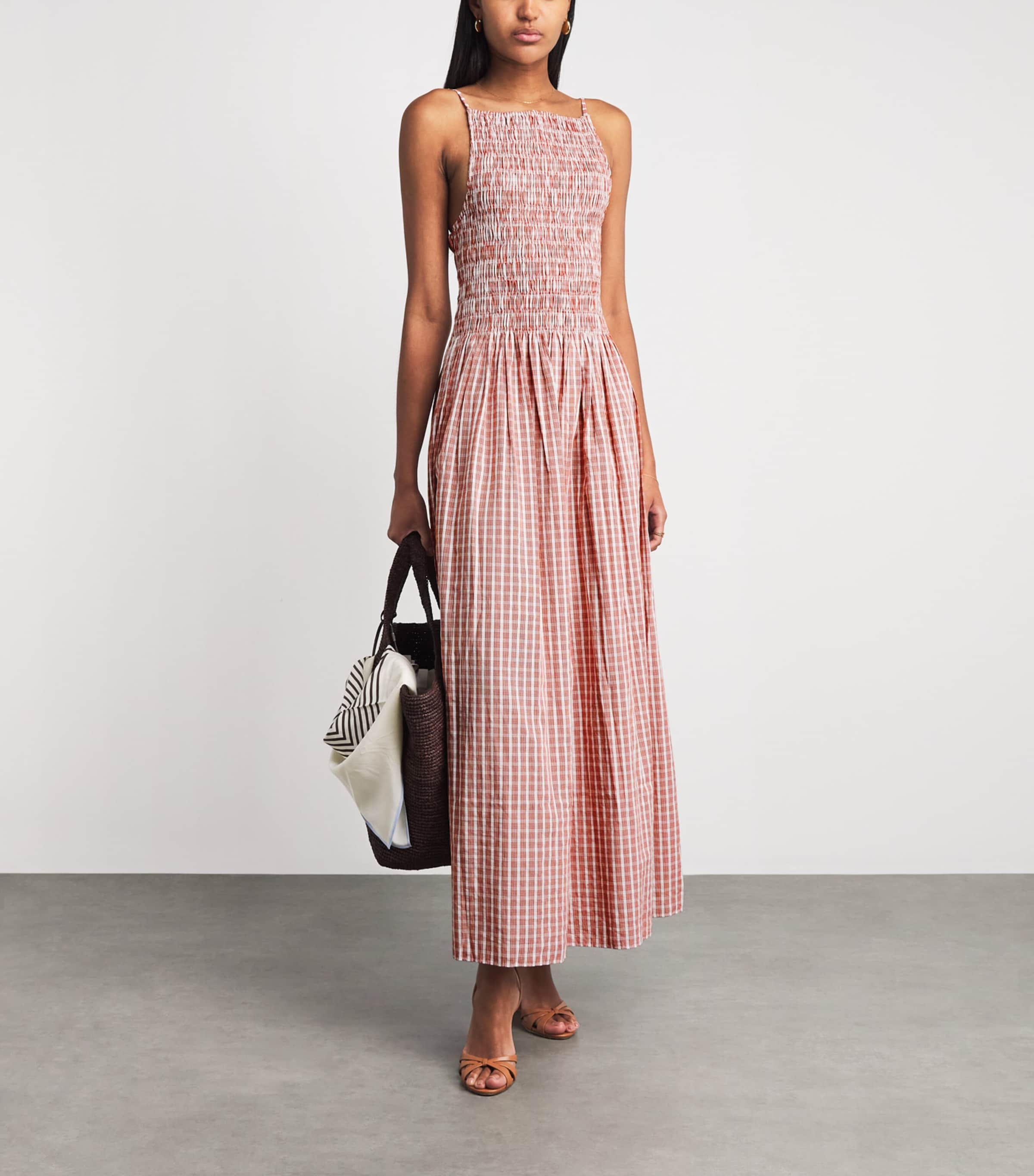 Faithfull The Brand Womens Cotton Shirred Laia Midi Dress Paloma Chk Cnnmn Wht Image 2