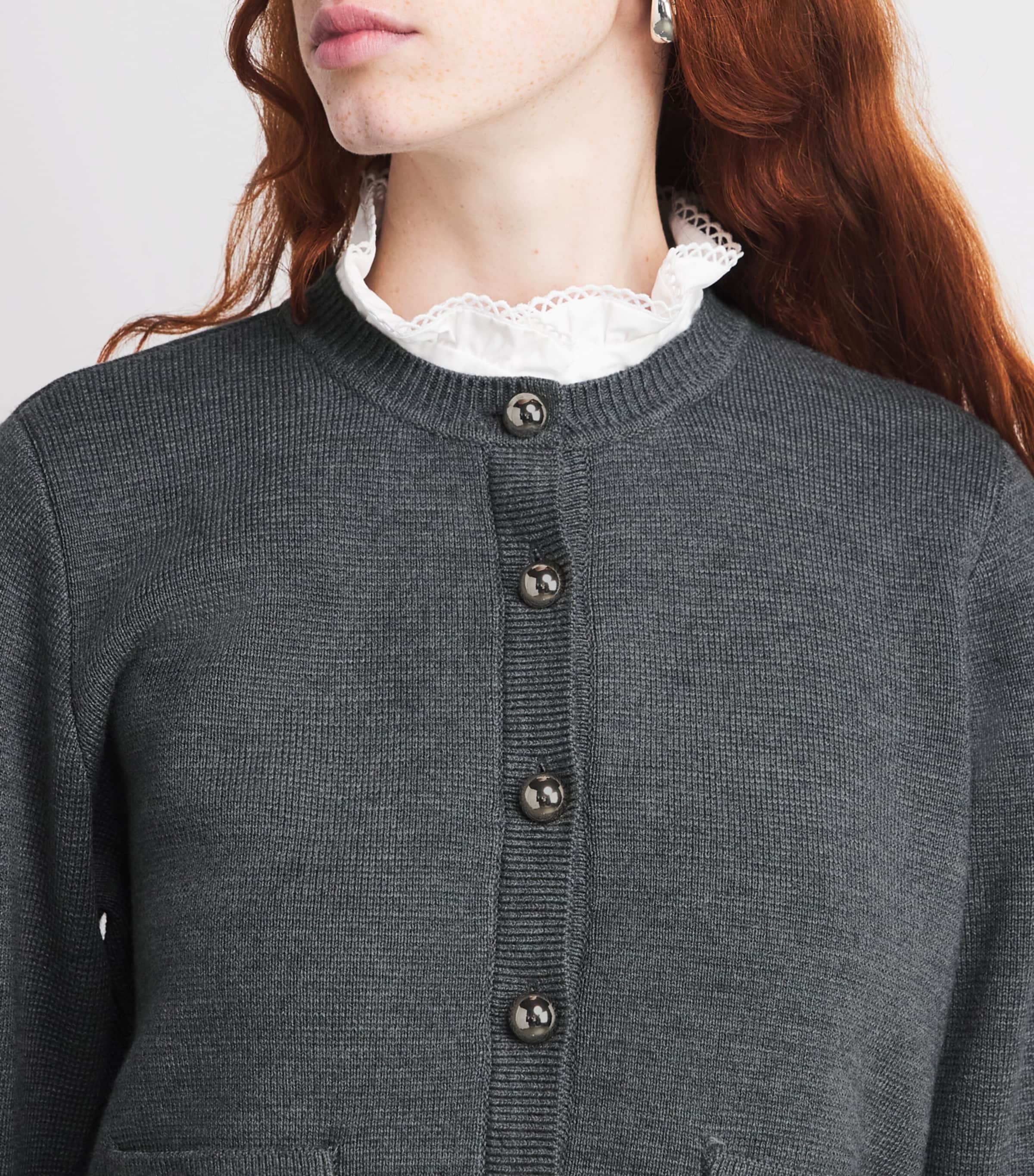 Sandro Paris Womens Ruffled-Collar Cardigan Grey Image 6