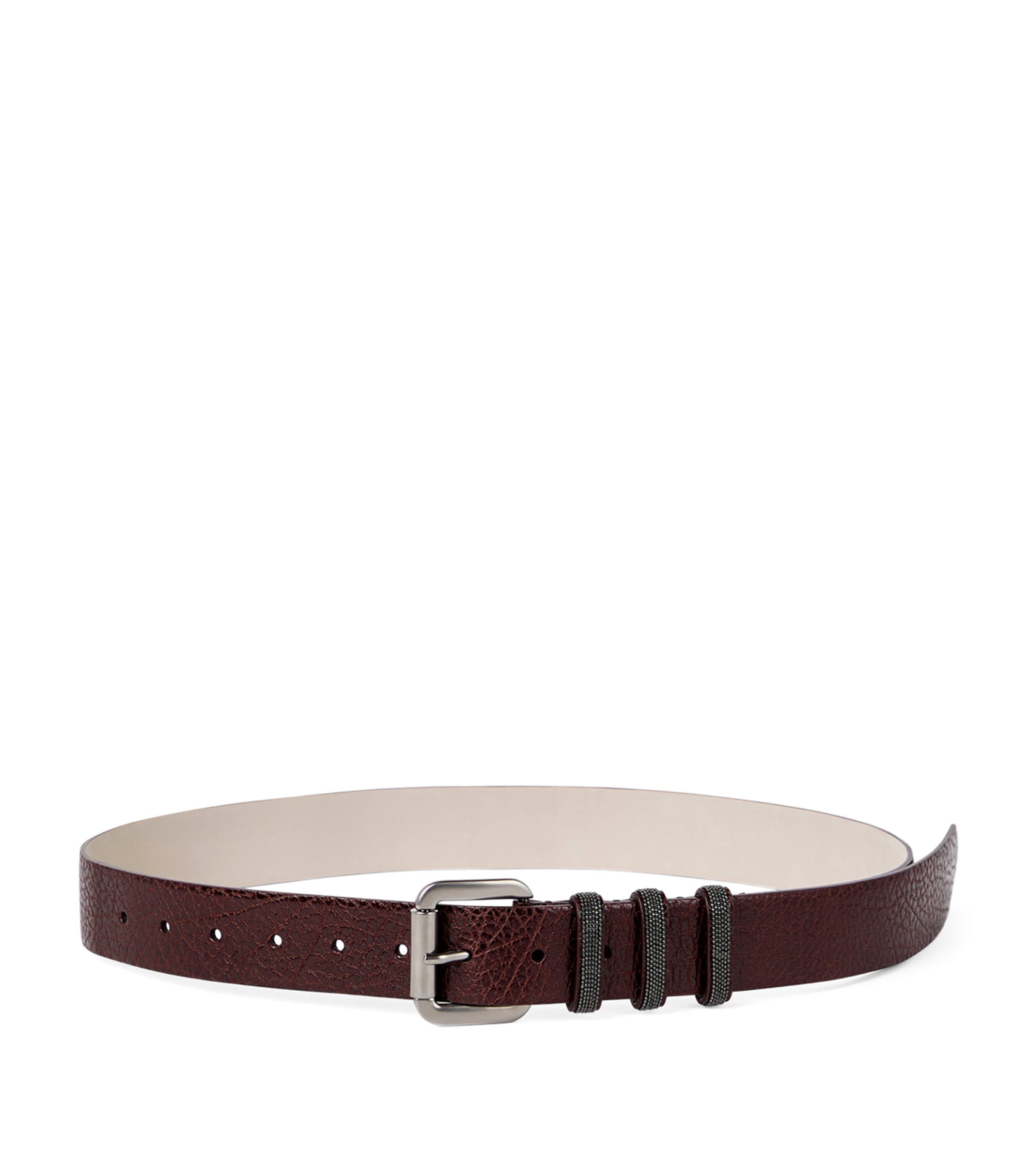 Brunello Cucinelli Glossy Hammered Calfskin Belt With Shiny Loops In Brown