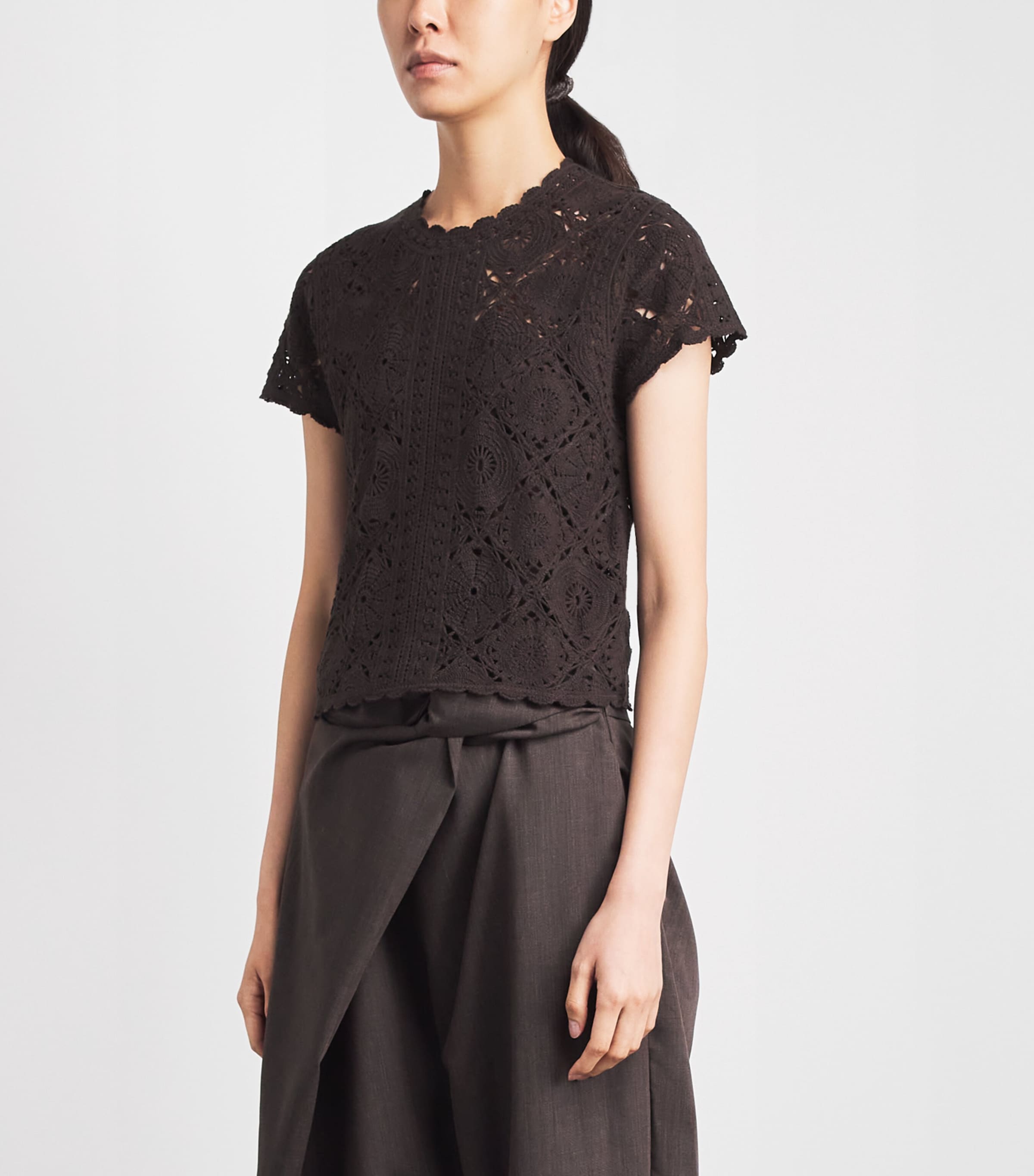 ME+EM Womens Framed Crochet T-Shirt Cocoa Brown Image 4