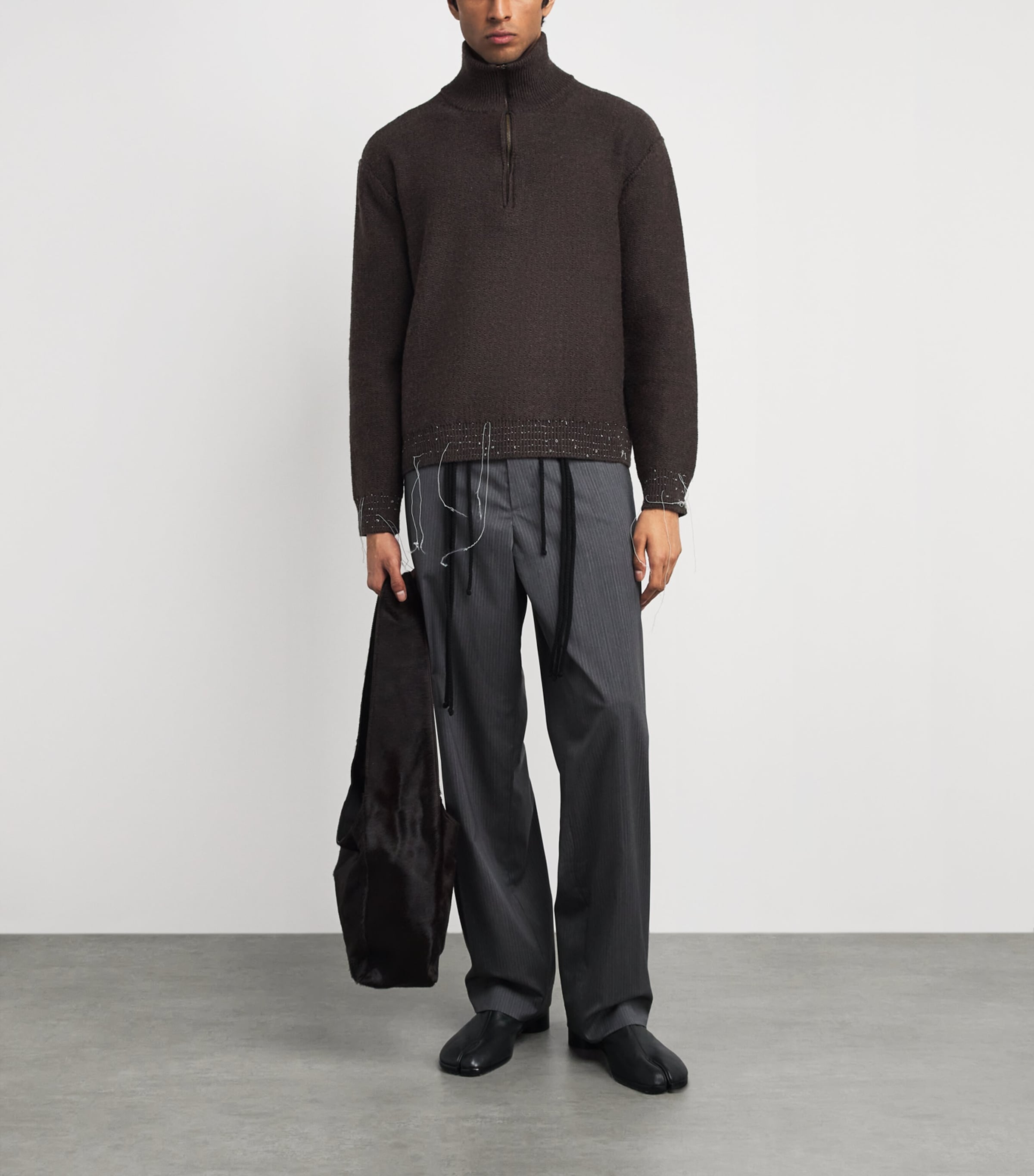 Maison Margiela Mens Wool-Blend Distressed Quarter-Zip Sweater Brown Image 2