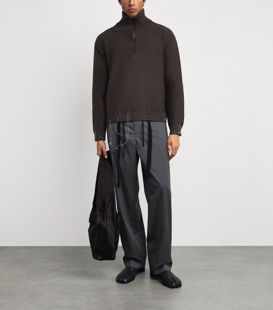 Maison Margiela Mens Wool-Blend Distressed Quarter-Zip Sweater Brown Image 2